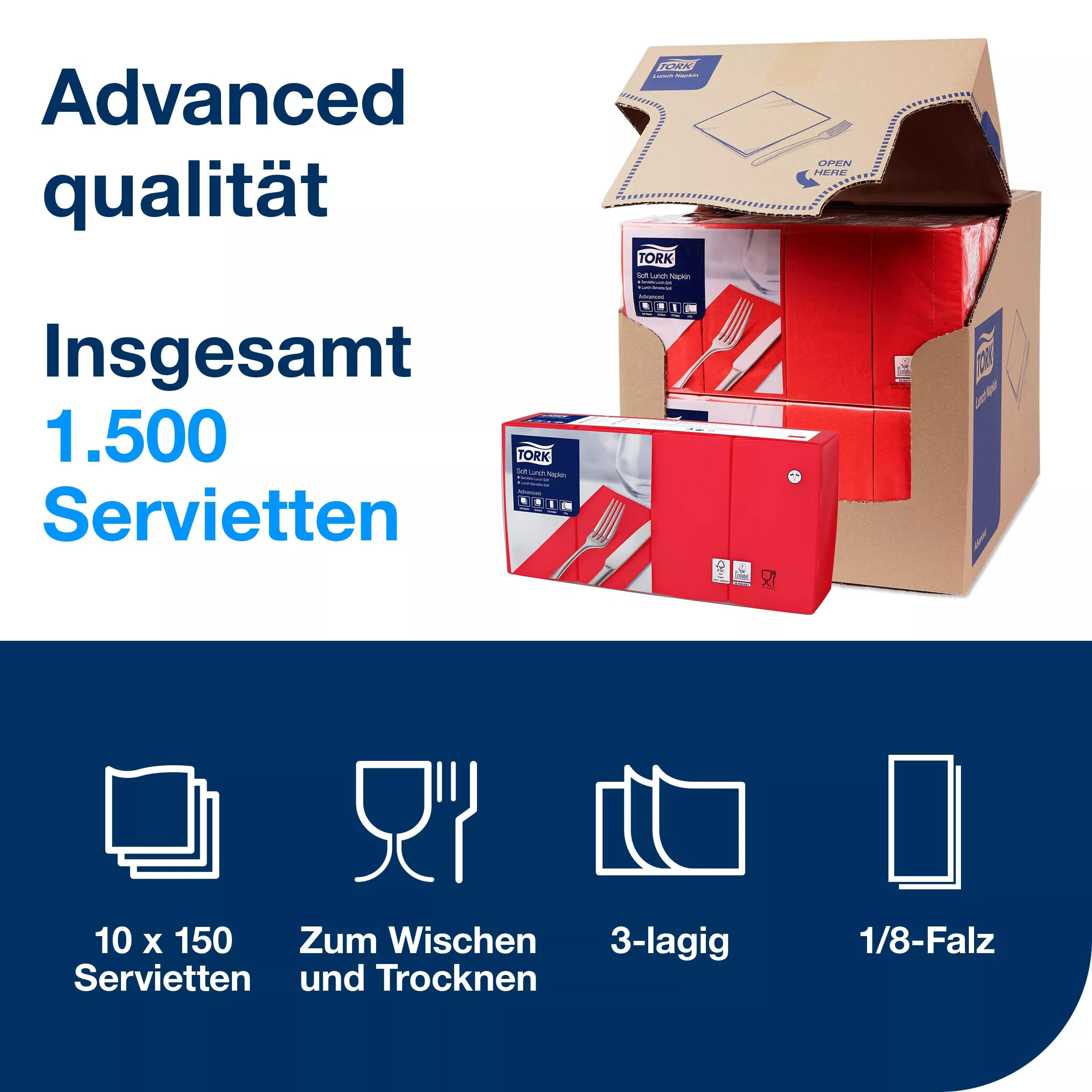 Tork Soft Lunchserviette Rot, 1/8-Falz, 3-lagig, 33 cm × 33 cm, 10 × 150 Servietten, 477883