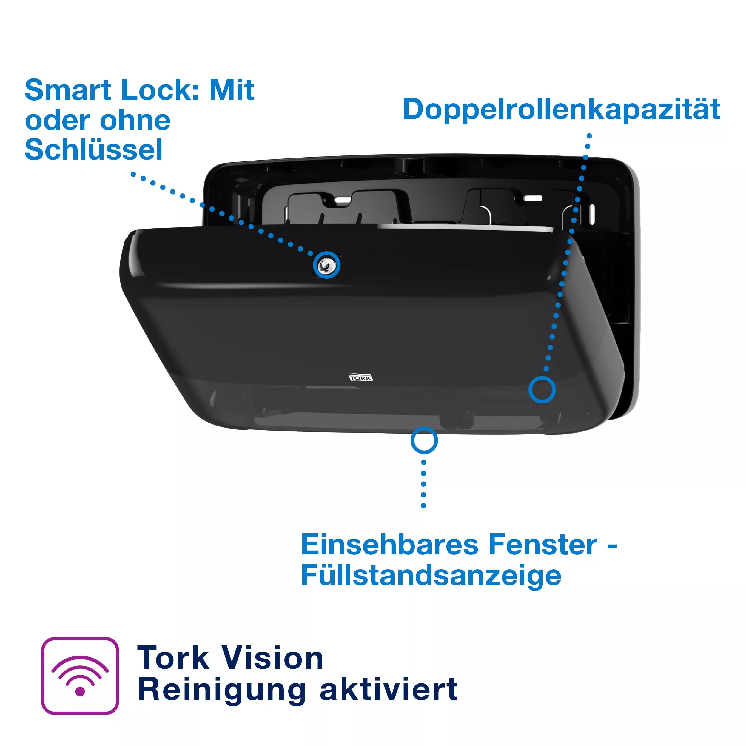Tork Doppelrollenspender für Mini Jumbo Toilettenpapier Schwarz T2, Hohe Kapazität, Elevation Linie, 555508