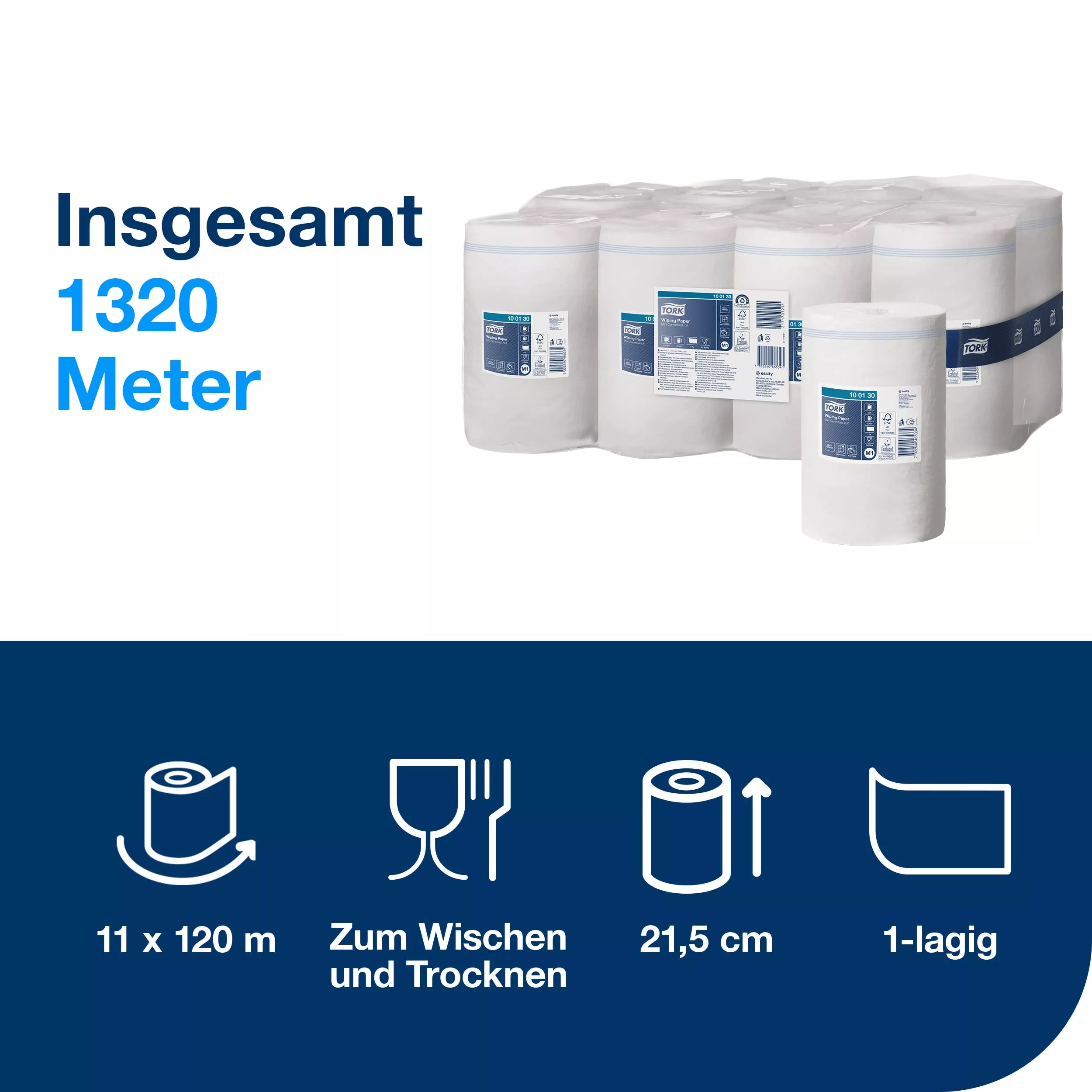 Tork Mehrzweck-Papierwischtücher Mini Innenabrollung Weiß M1, 11 Rollen, 100130