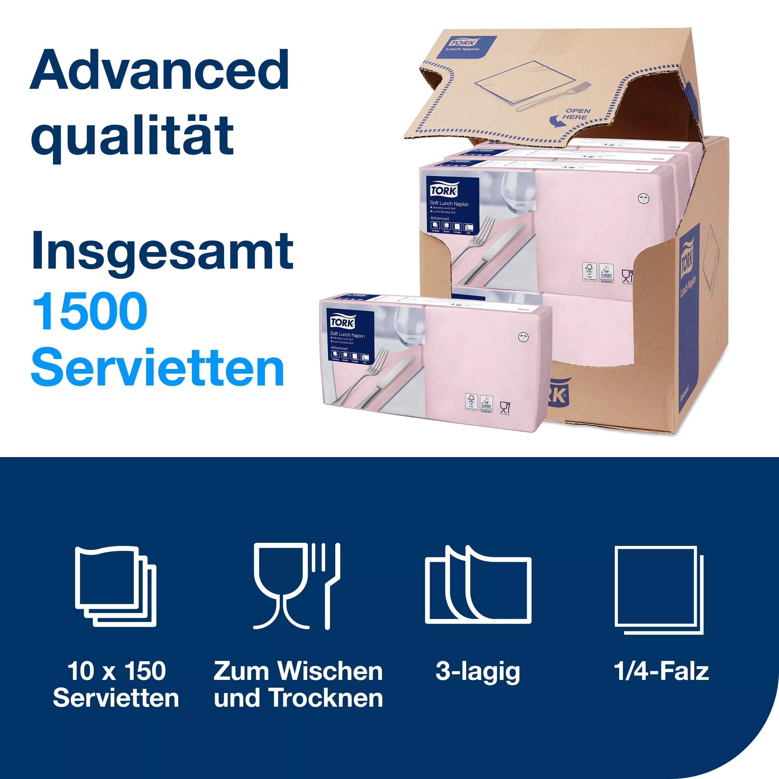 Tork Soft Lunchservietten Hellrosa, 1/4-Falz, 3-lagig, 33 cm × 33 cm, 10 × 150 Servietten, 477849
