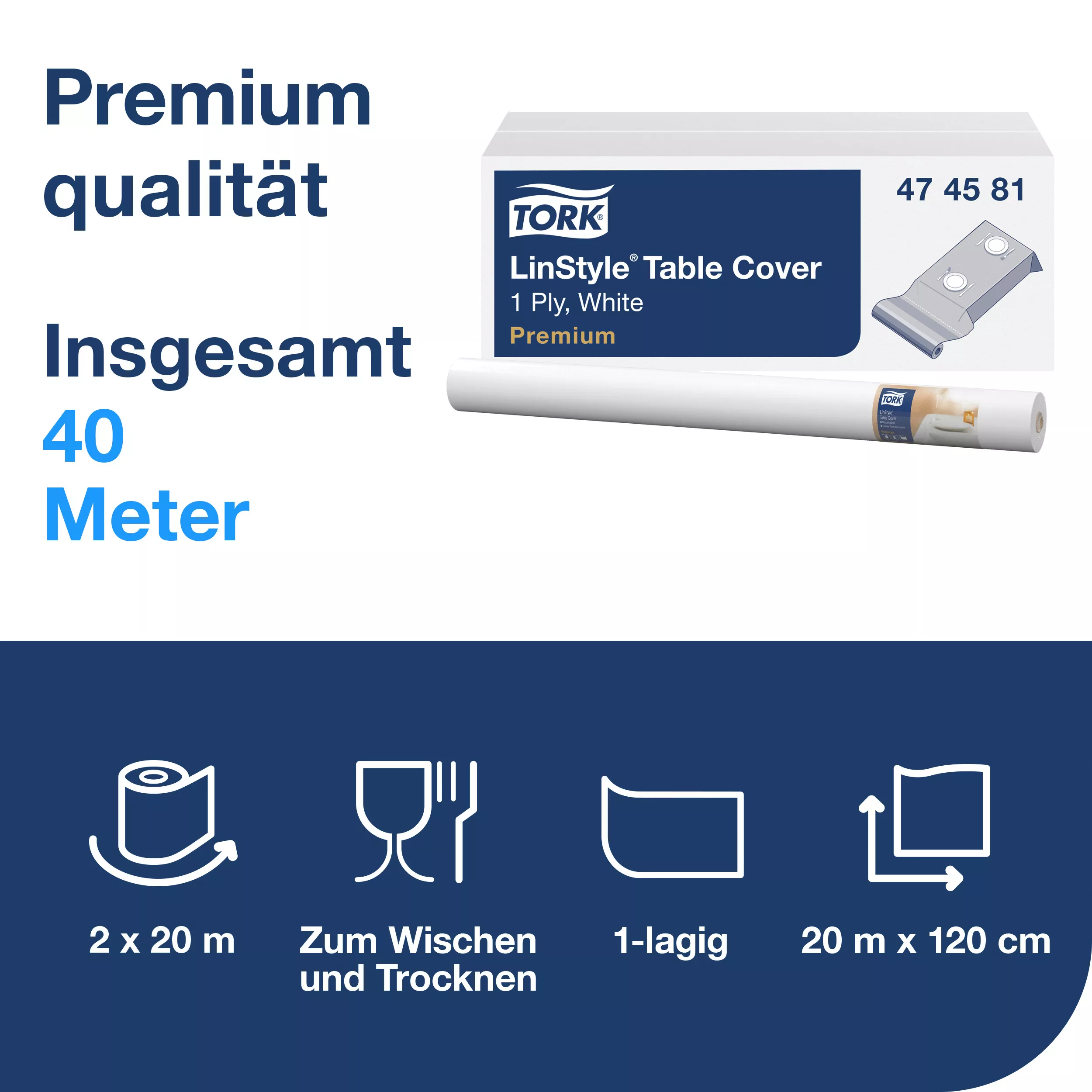 Tork LinStyle® Tischdecke gerollt Weiß, robust, 1-lagig, 20 m × 120 cm, 2 Rollen, 474581