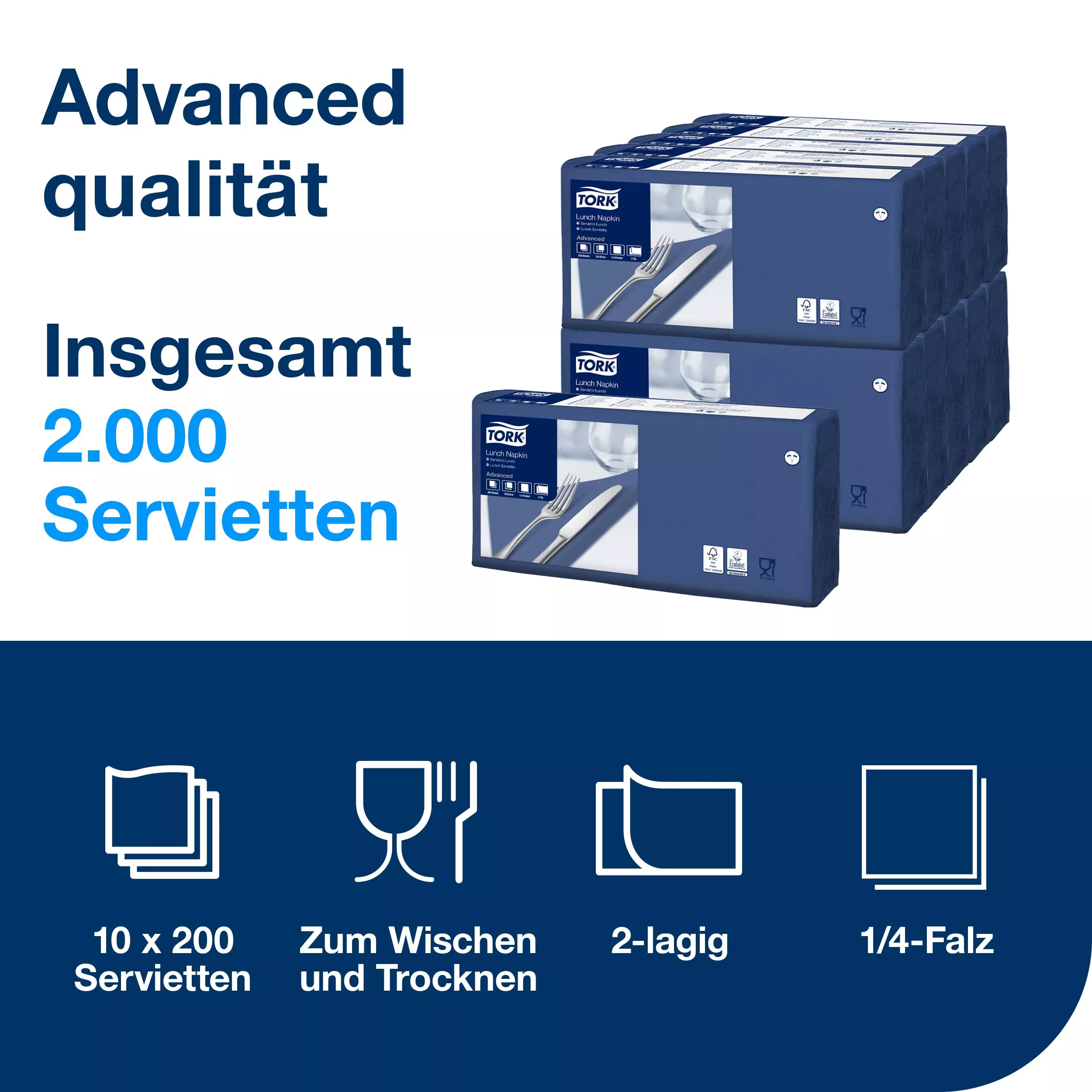 Tork Lunchserviette Dunkelblau, 1/4-Falz, 2-lagig, 33 cm × 33 cm, 10 × 200 Servietten, 477215