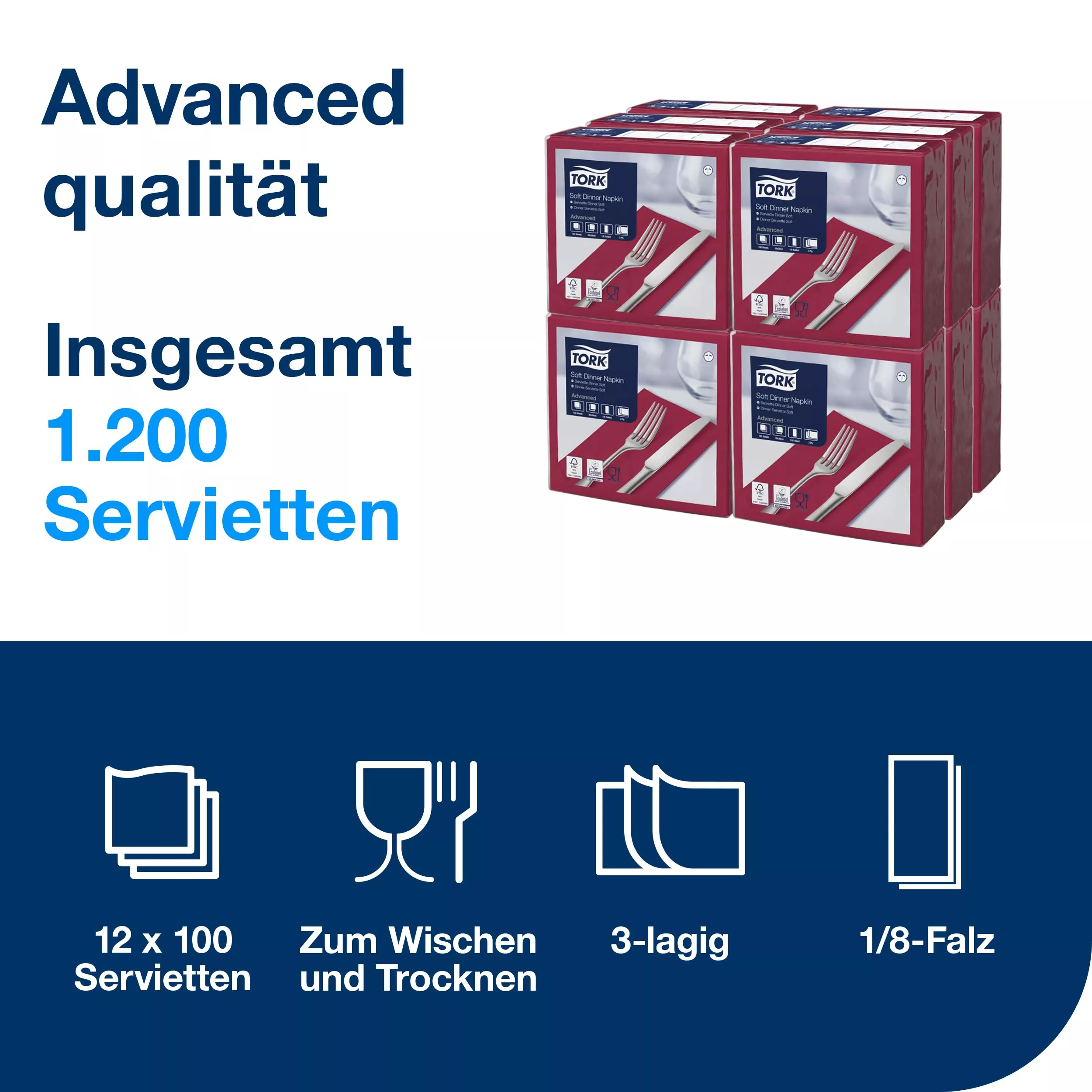 Tork Soft Dinnerservietten Bordeauxrot, 1/8‑Falz, 3‑lagig, 39 cm × 39 cm, 12 × 100 Servietten, 477618