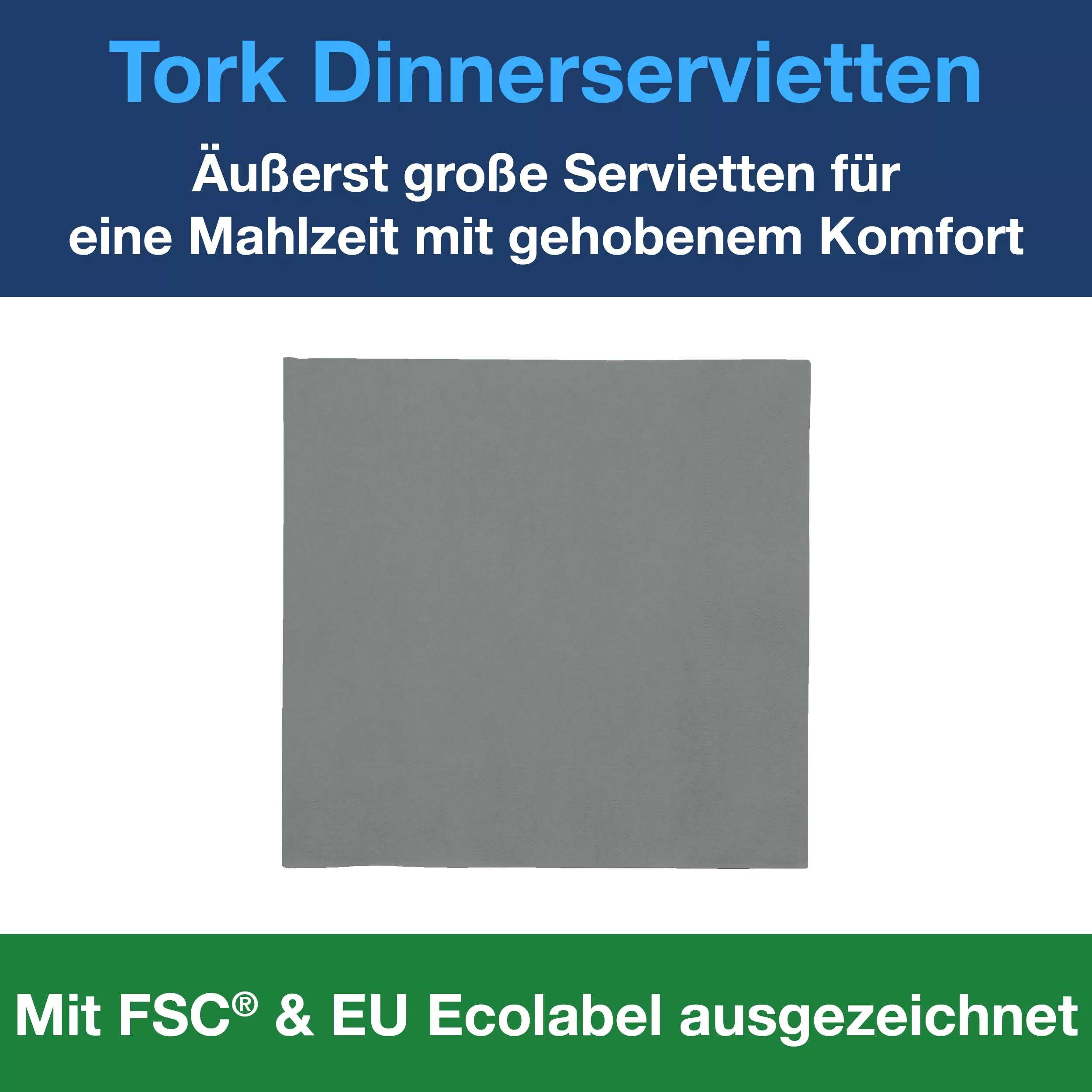 Tork Dinnerservietten Grau, 1/4-Falz, 2‑lagig, 40 cm × 39 cm, 12 × 150 Servietten, 478762