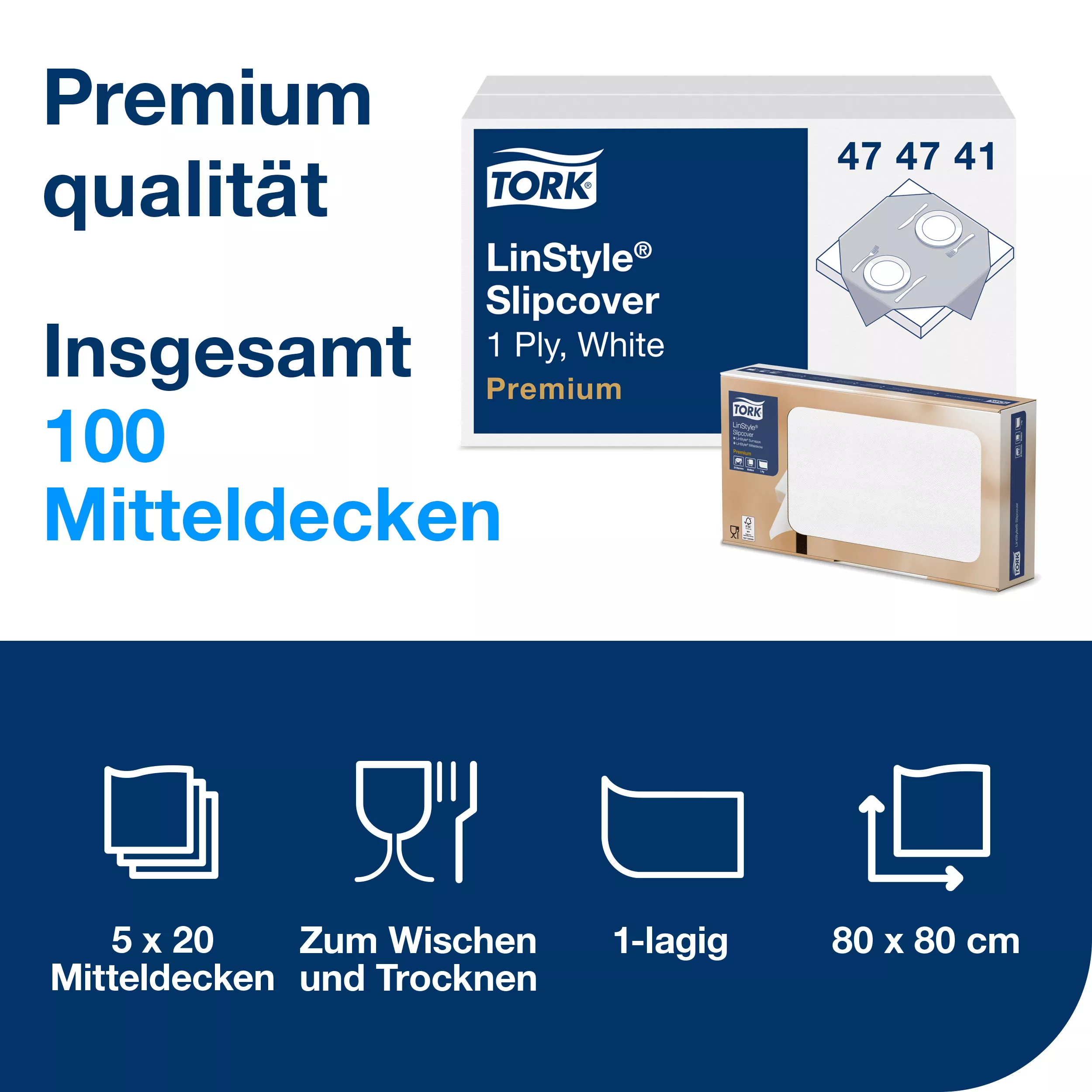 Tork LinStyle® Mitteldecke Weiß, robust, 1-lagig, 80 cm × 80 cm, 5 × 20 Mitteldecken, 474741