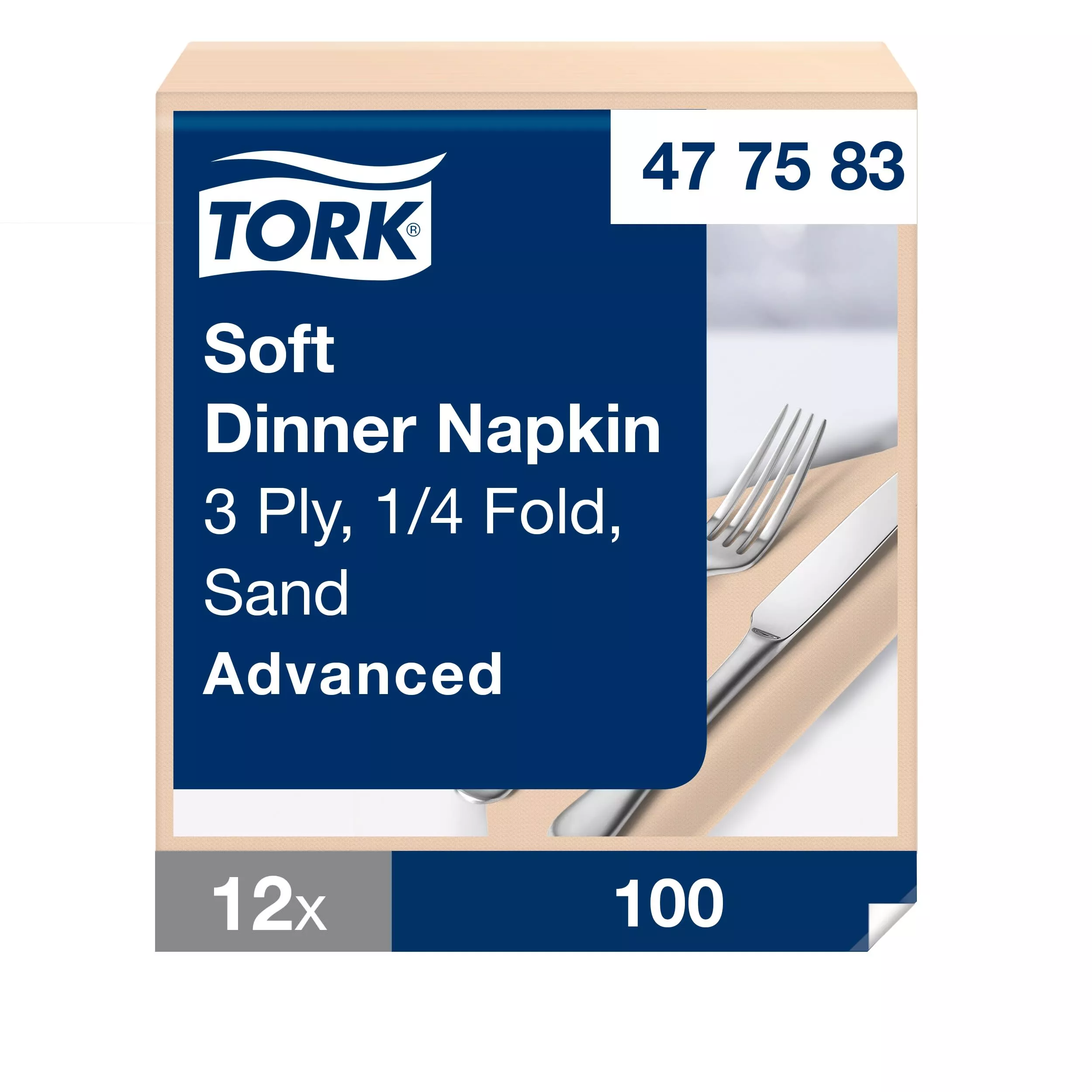 Tork Soft Dinnerservietten Sand, 1/4‑Falz, 3‑lagig, 40 cm × 39 cm, 12 × 100 Servietten, 477583