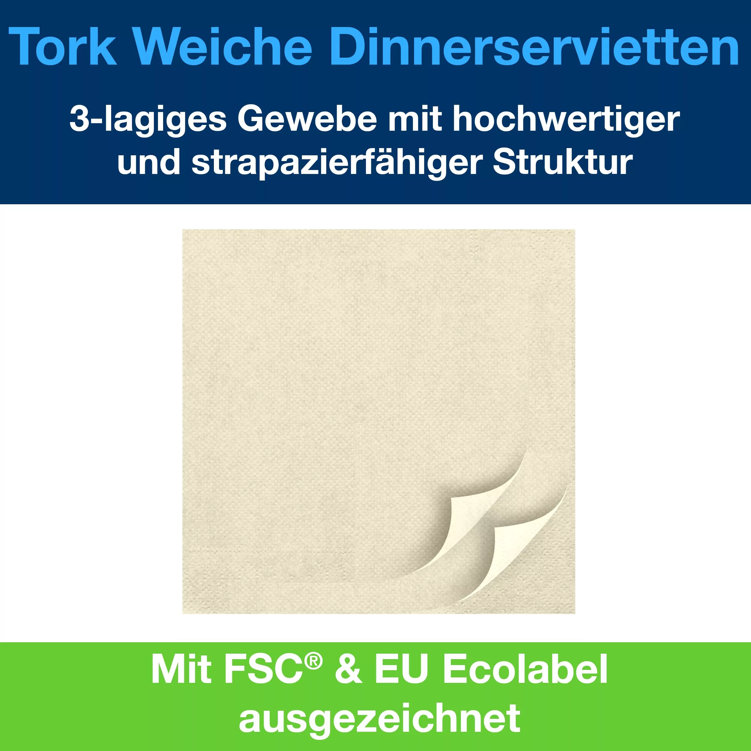 Tork Soft Dinnerservietten Sand, 1/8‑Falz, 3‑lagig, 39 cm × 39 cm, 12 × 100 Servietten, 477622