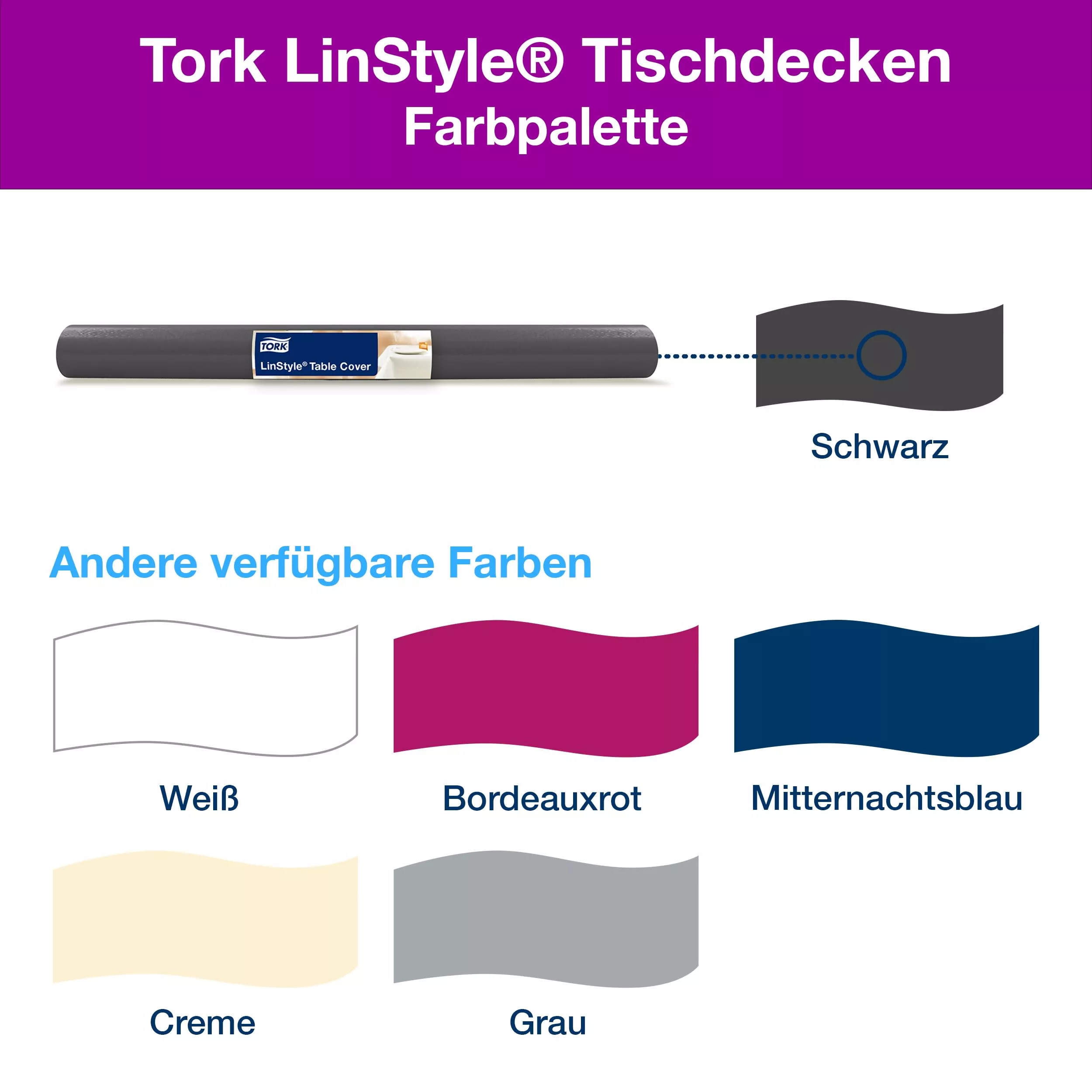 Tork LinStyle® Tischdecke gerollt Schwarz, robust, 1-lagig, 20 m × 120 cm, 2 Rollen, 474585