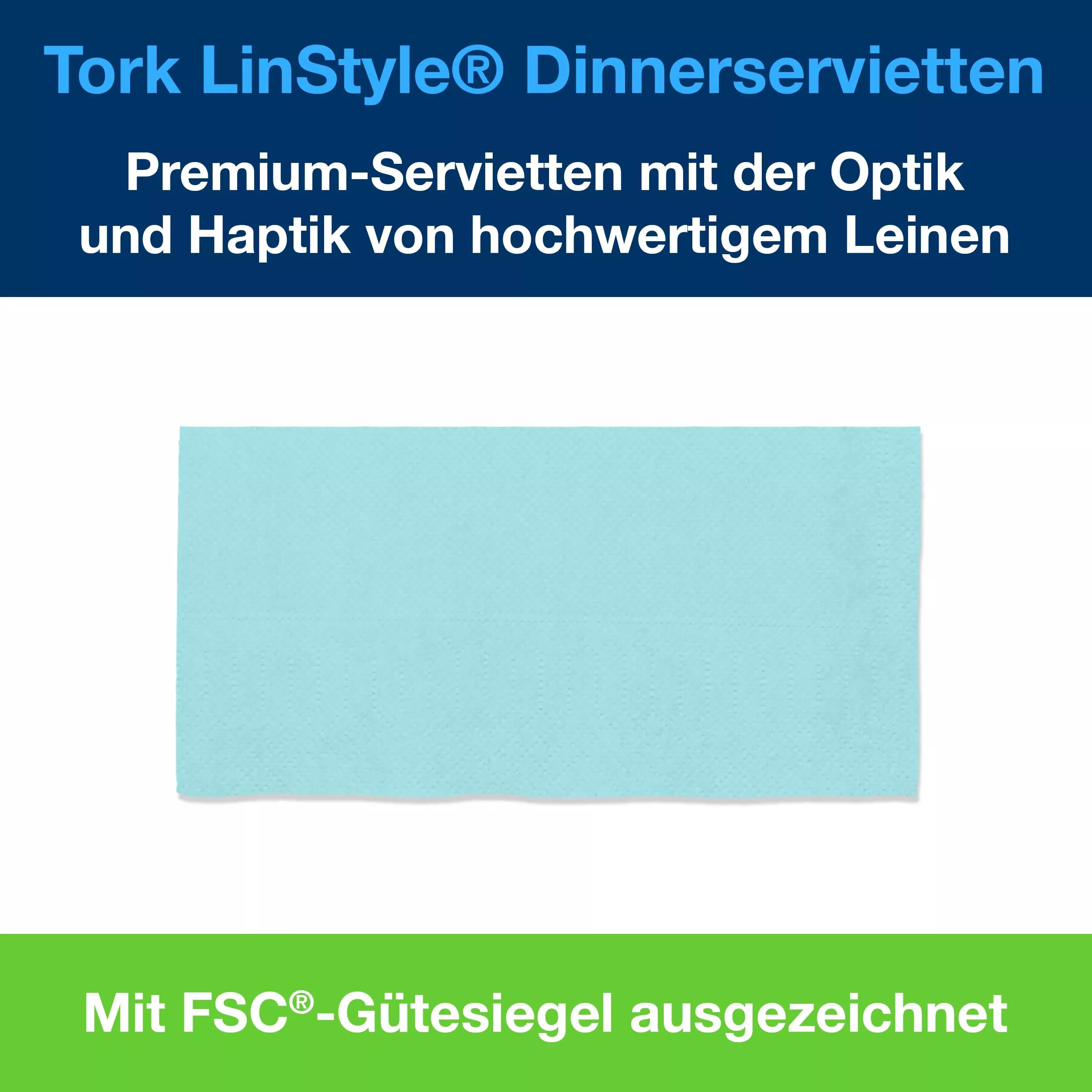 Tork LinStyle® Dinnerservietten Minze, 1/8‑Falz, 40 cm × 39 cm, 12 × 50 Servietten, 478164