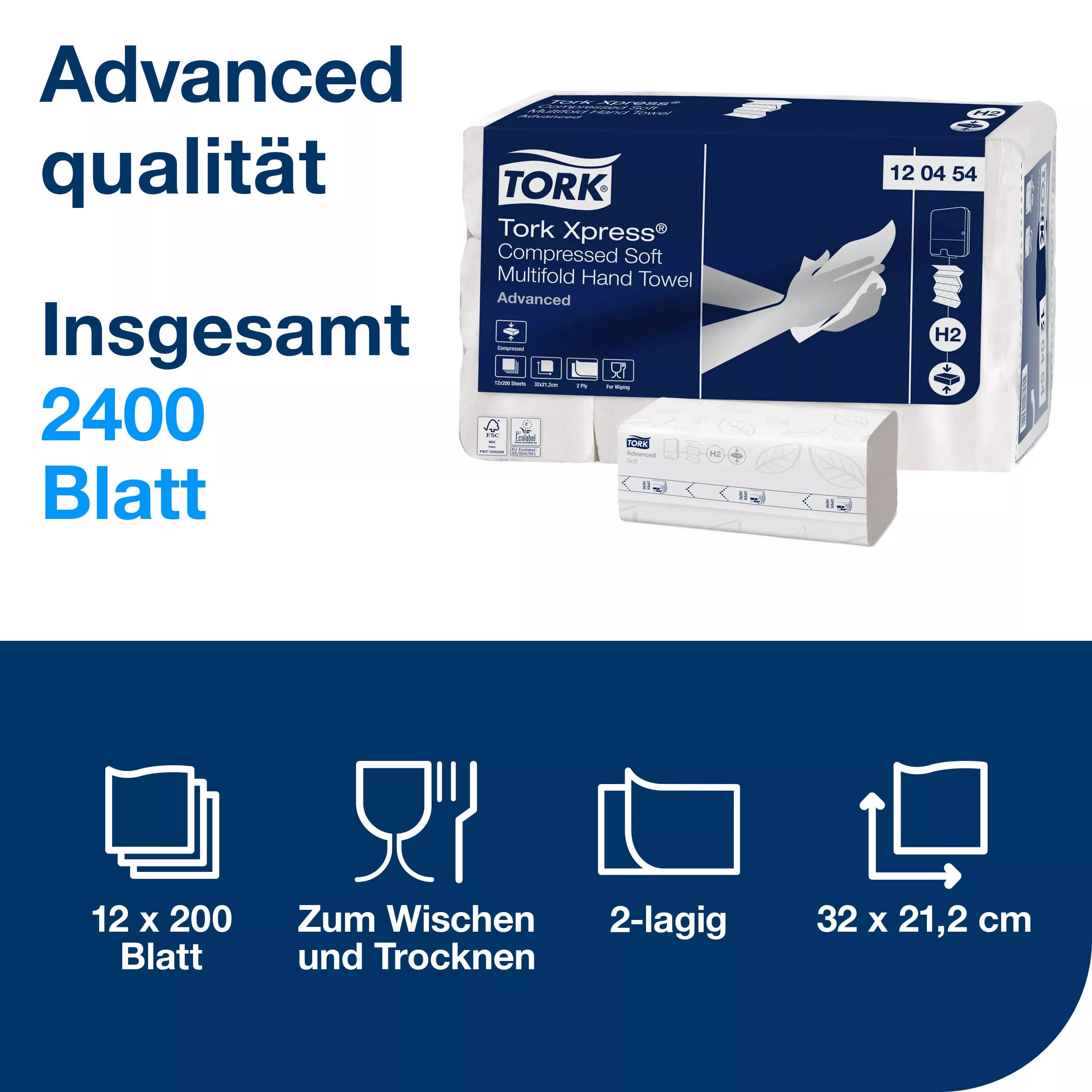 Tork Xpress® komprimierte weiche Multifold-Papierhandtücher Weiß H2, Advanced, 2‑lagig, M‑Falz, groß, 12 × 200 Tücher, 120454