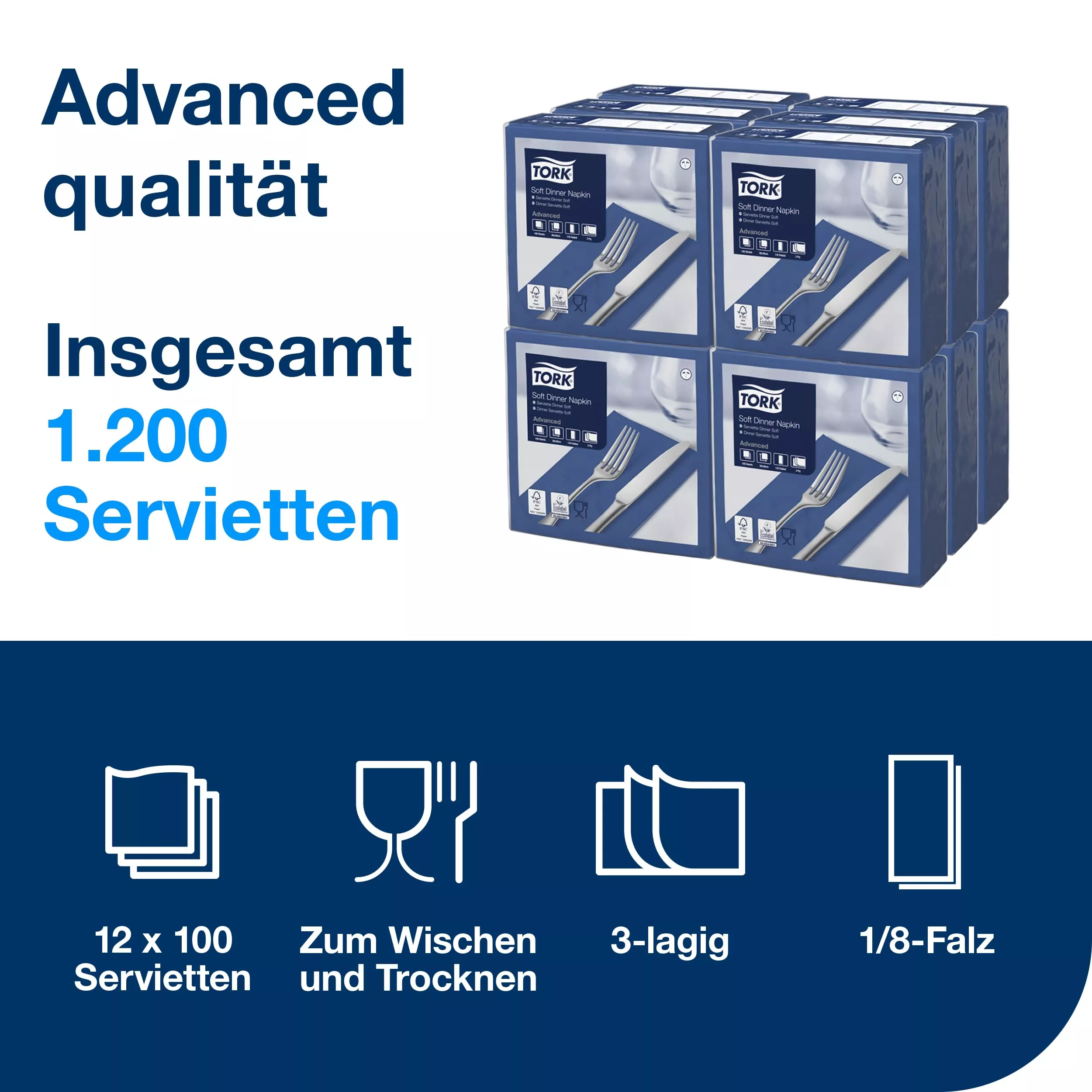 Tork Soft Dinnerservietten Dunkelblau, 1/8‑Falz, 3‑lagig, 39 cm × 39 cm, 12 × 100 Servietten, 477619