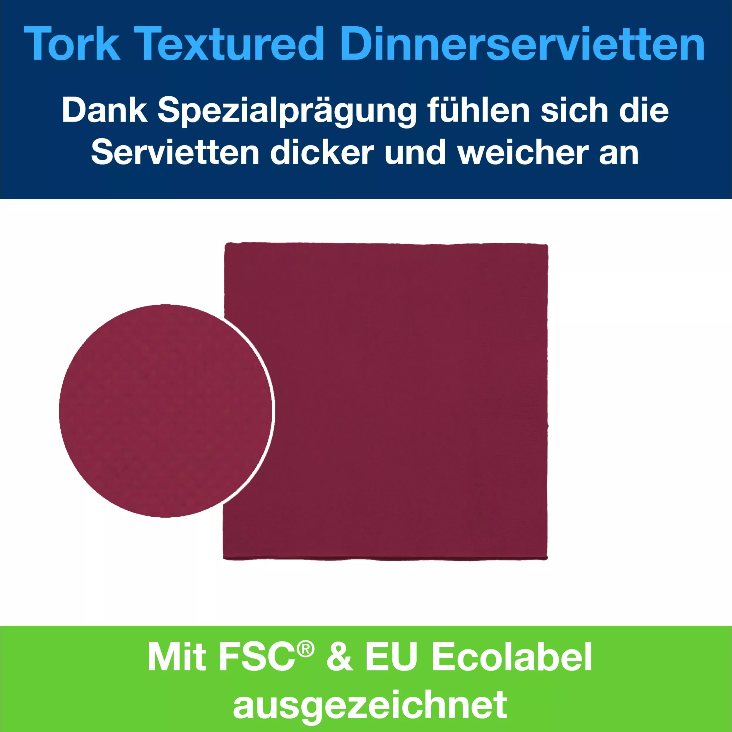 Tork Textured Dinnerservietten Bordeauxrot, 1/4‑Falz, 2‑lagig, 38 cm × 39 cm, 20 × 50 Servietten, 509417