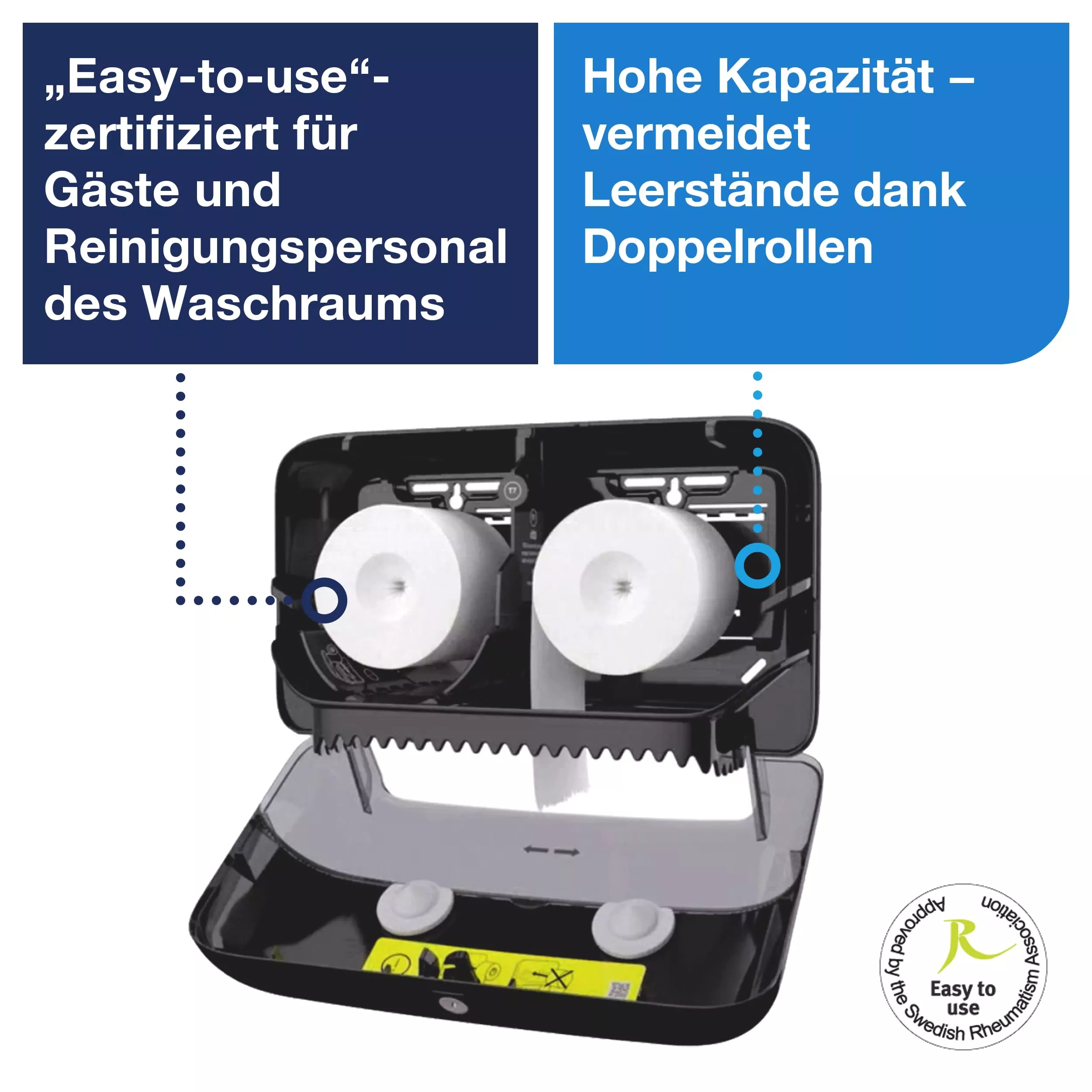 Tork OptiServe® Doppelrollenspender für Hülsenloses Toilettenpapier Schwarz T7, horizontaler Toilettenrollenspender, Elevation Design, 558048