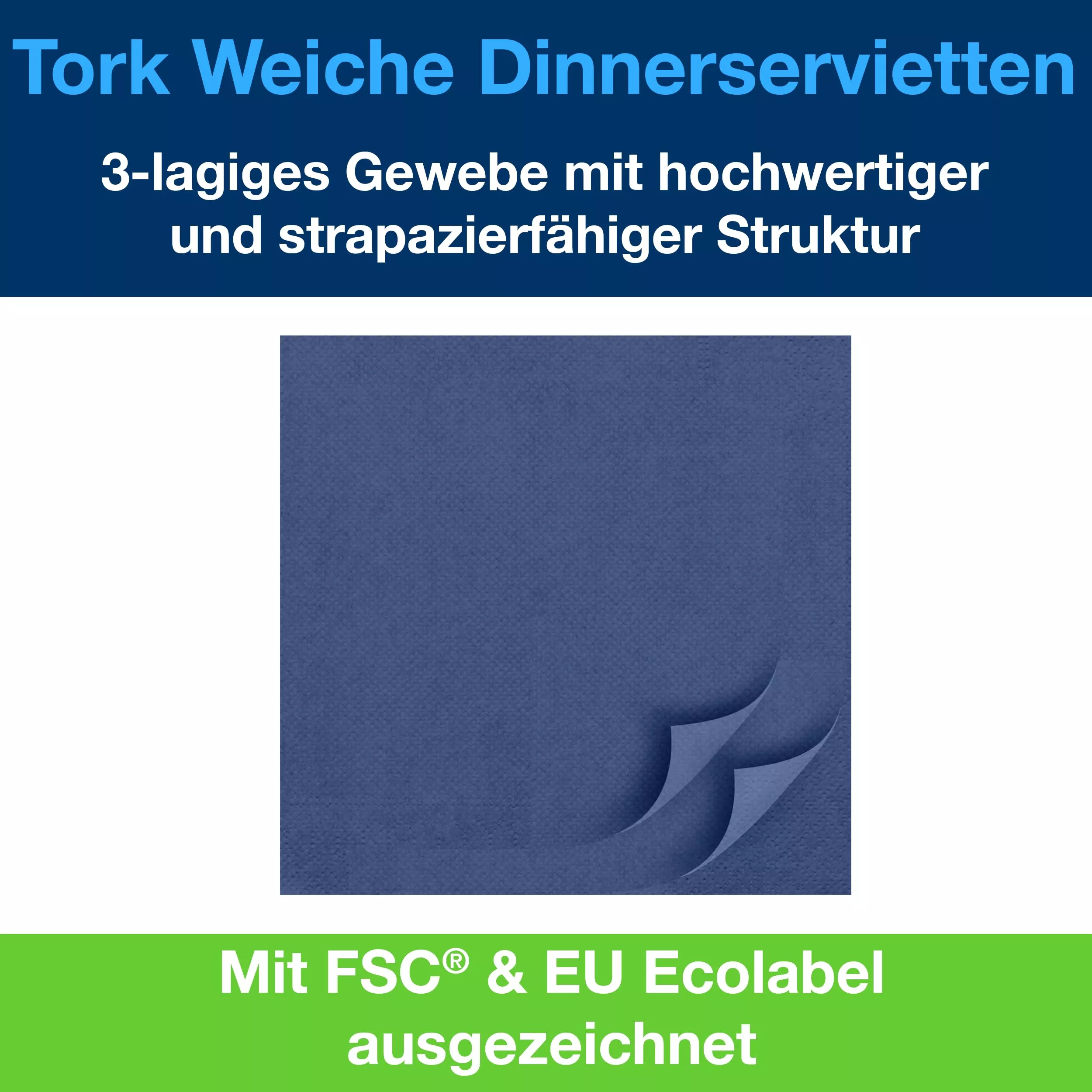 Tork Soft Dinnerservietten Dunkelblau, 1/8‑Falz, 3‑lagig, 39 cm × 39 cm, 12 × 100 Servietten, 477619