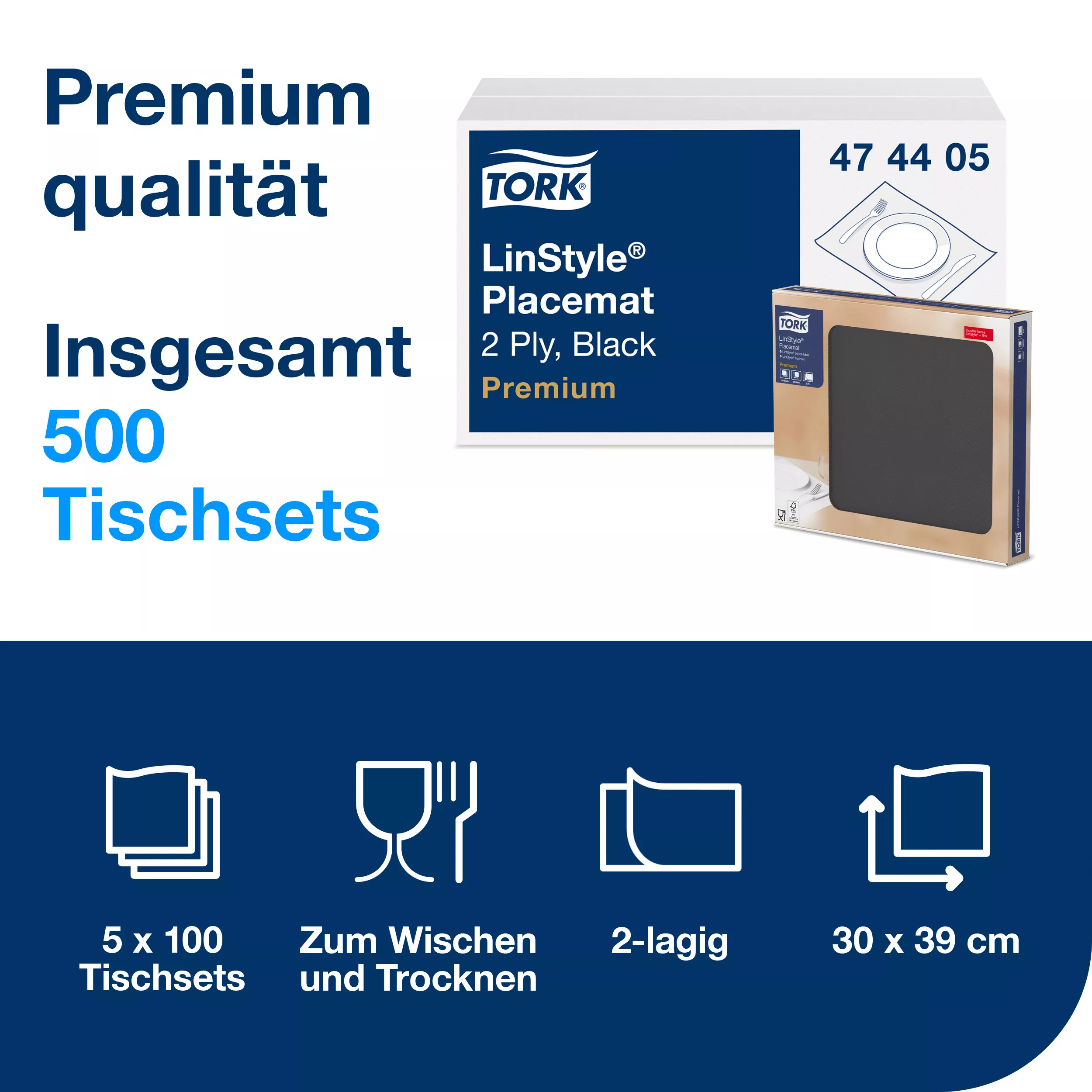 Tork LinStyle® Tischset Schwarz, 39 cm × 30 cm, 5 × 100 Tischsets, 474405