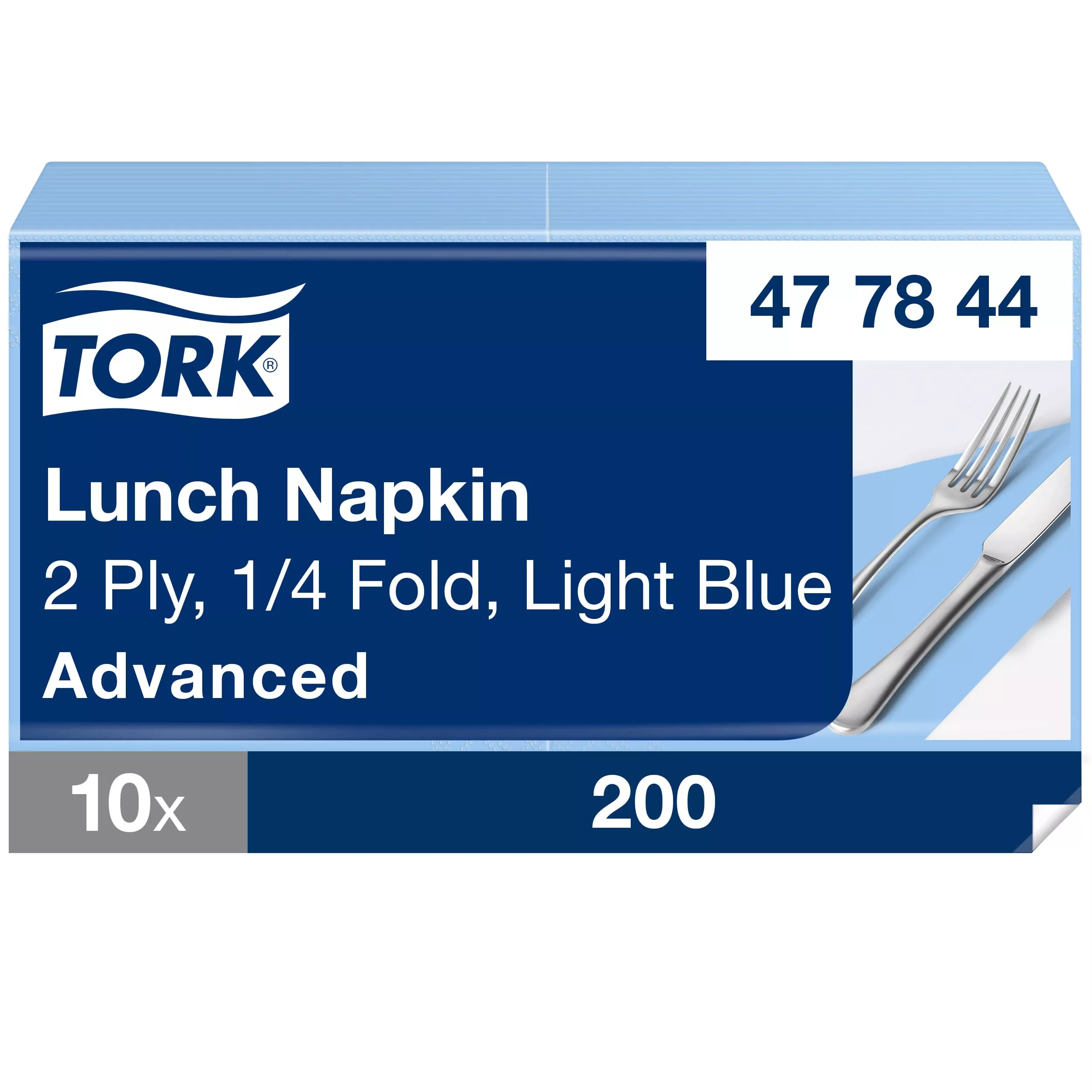 Tork Lunchserviette Hellblau, 1/4-Falz, 2-lagig, 33 cm × 33 cm, 10 × 200 Servietten, 477844