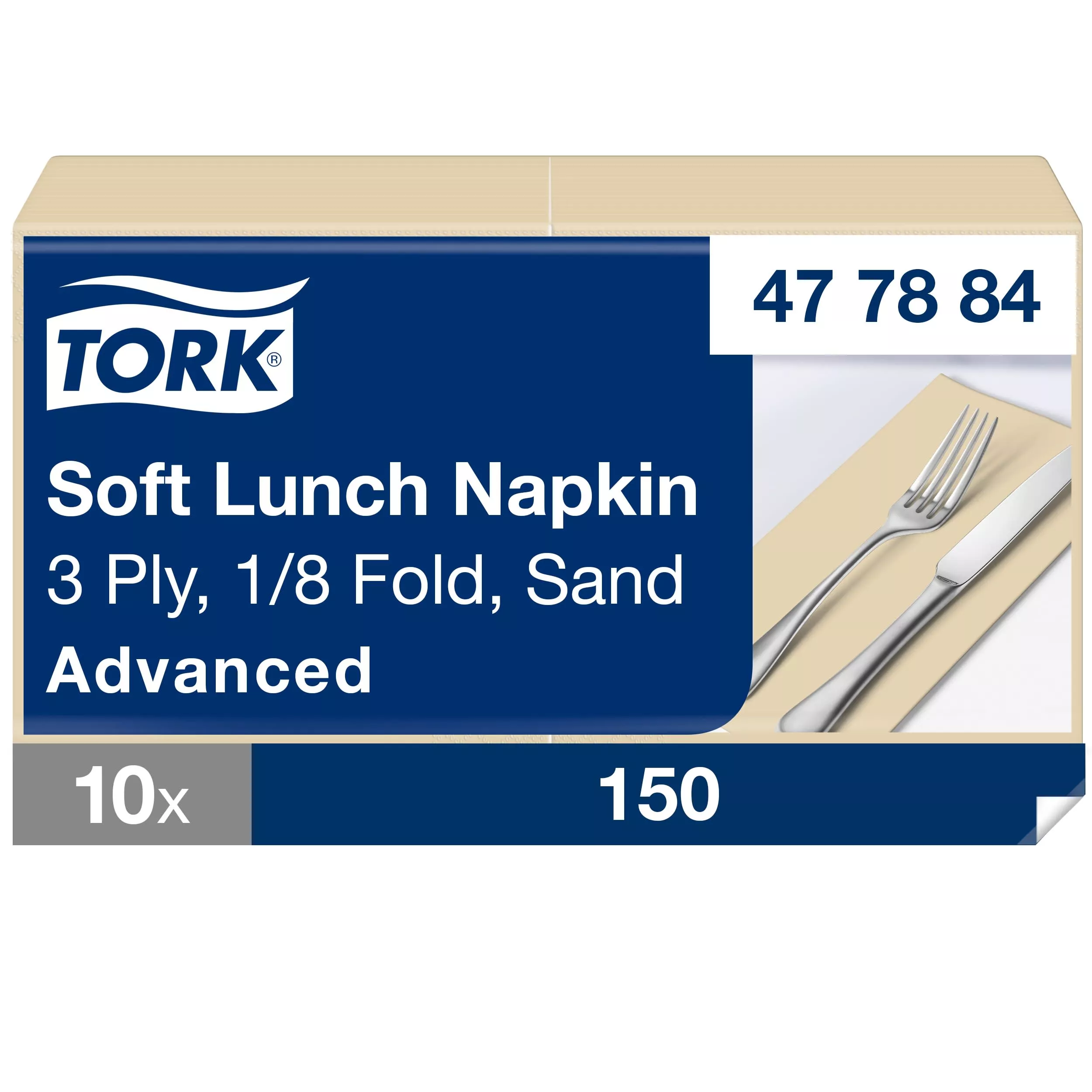 Tork Soft Lunchservietten Sand, 1/8-Falz, 3-lagig, 33 cm × 33 cm, 10 × 150 Servietten, 477884