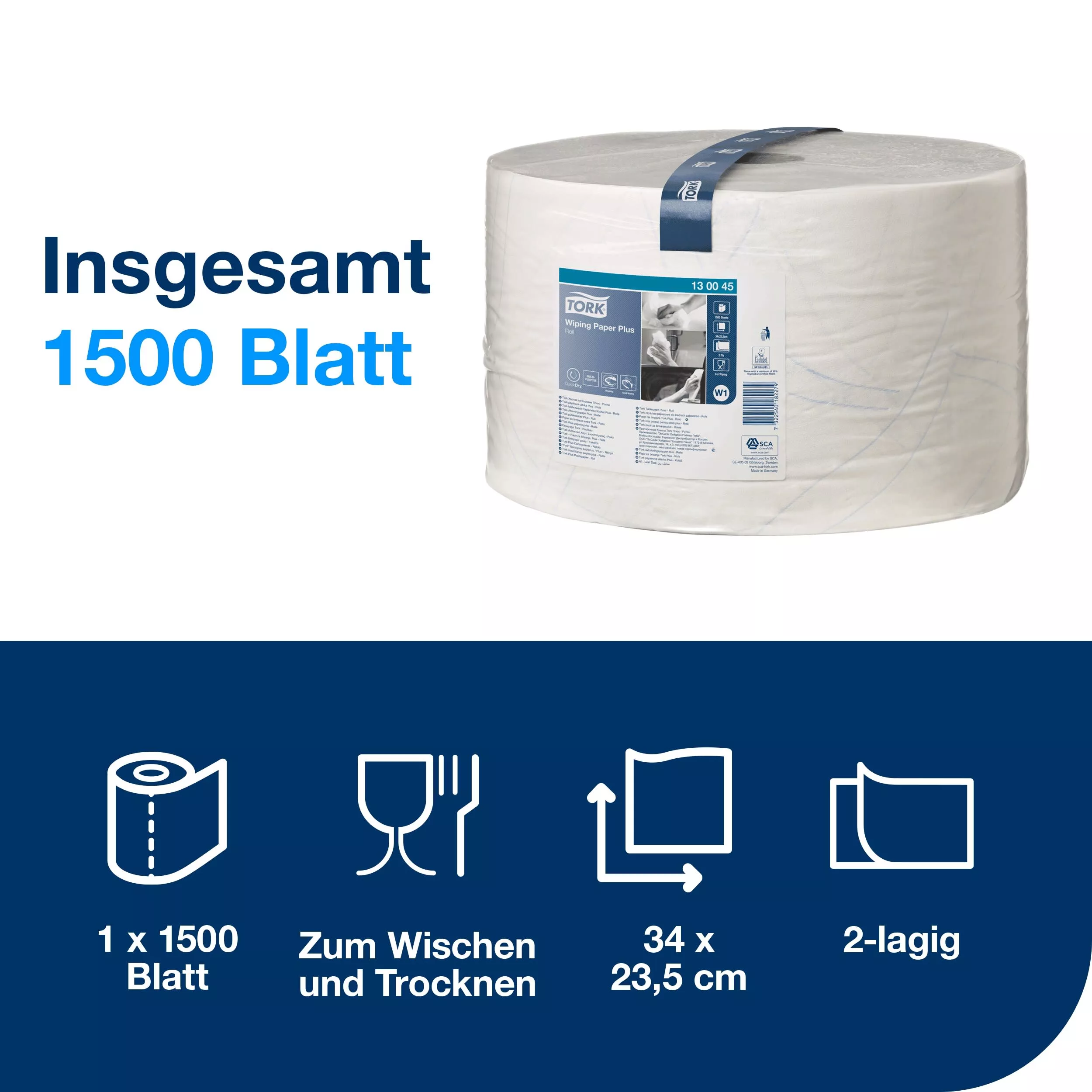 Tork Starke Mehrzweck-Papierwischtücher Weiß W1, Saugstark, 1 × 1.500 Blatt, 130045