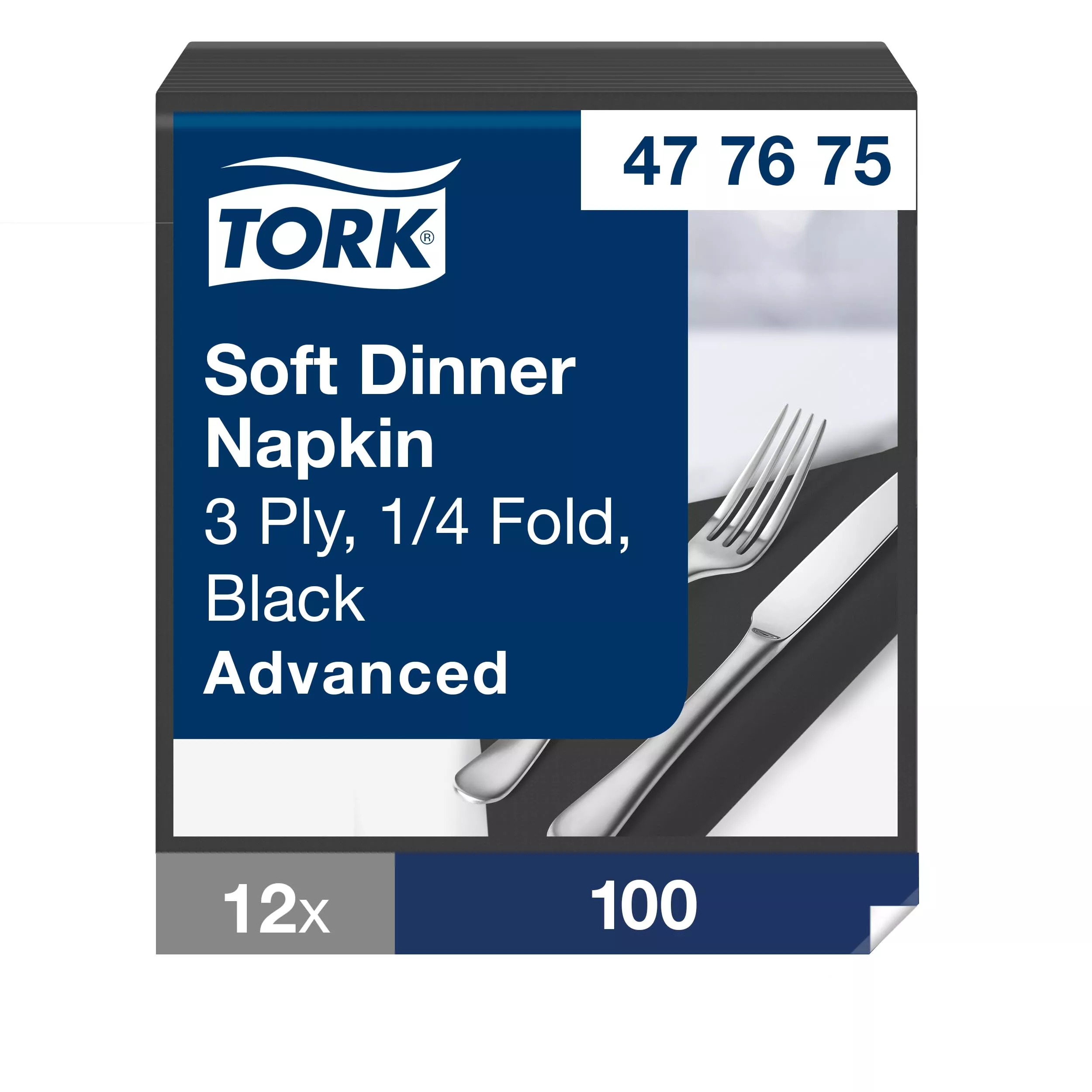 Tork Soft Dinnerservietten Schwarz, 1/4‑Falz, 3‑lagig, 40 cm × 39 cm, 12 × 100 Servietten, 477675