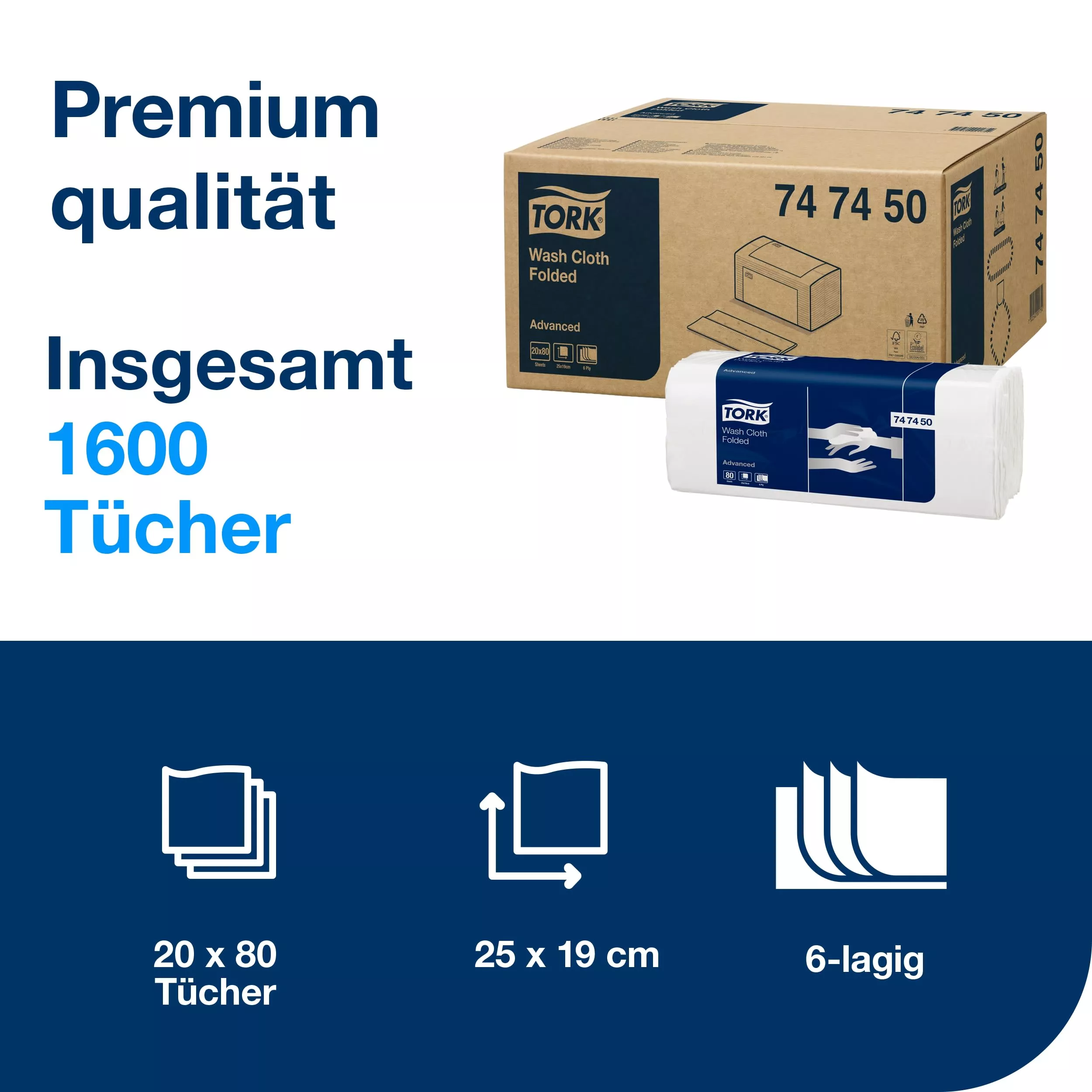 Tork Waschtuch Weiß, Advanced, Gefaltet, 6 × 20 Tücher, 747450