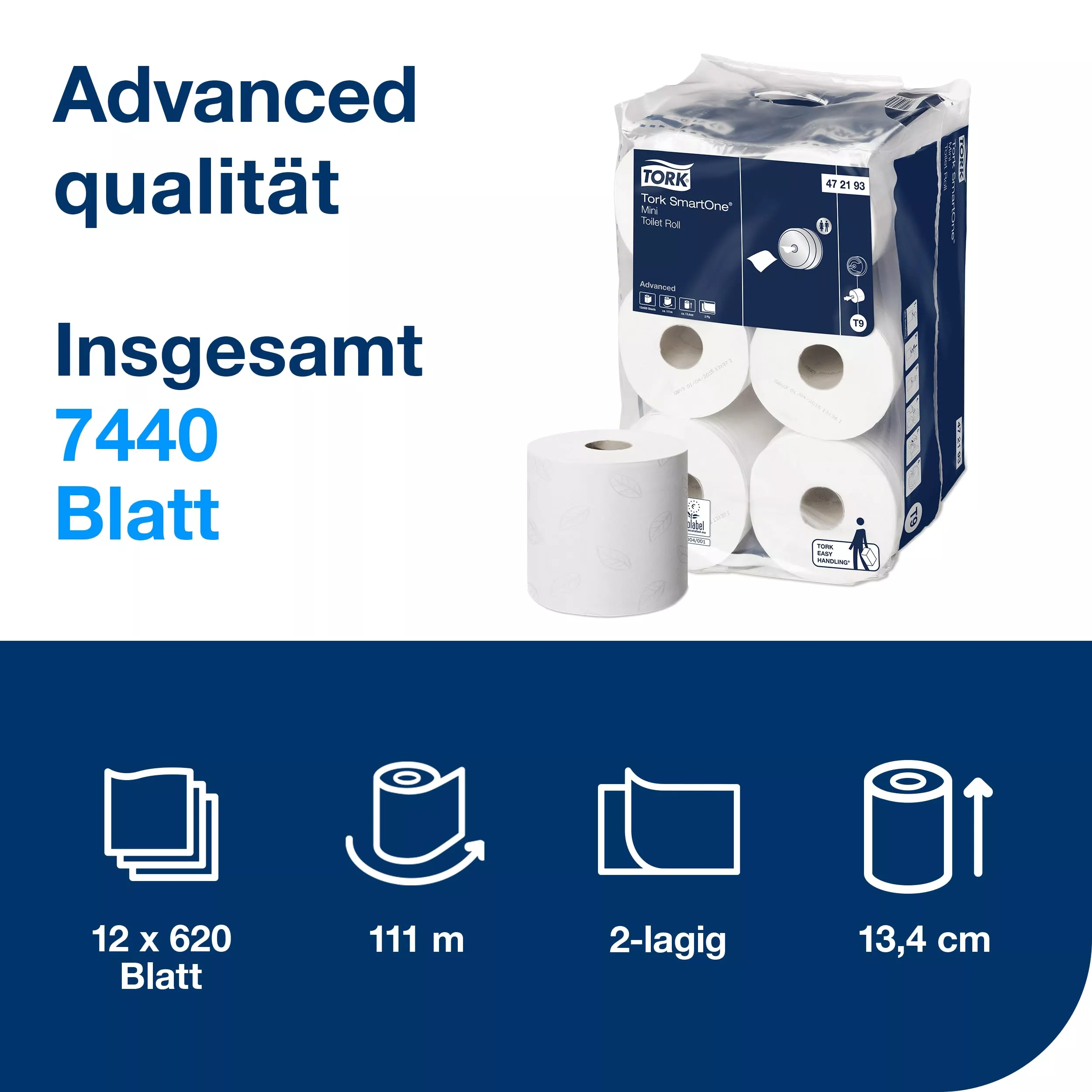 Tork SmartOne® Mini Toilettenpapier Weiß T9, Advanced, 2-lagig, 12 × 620 Blatt, 472193