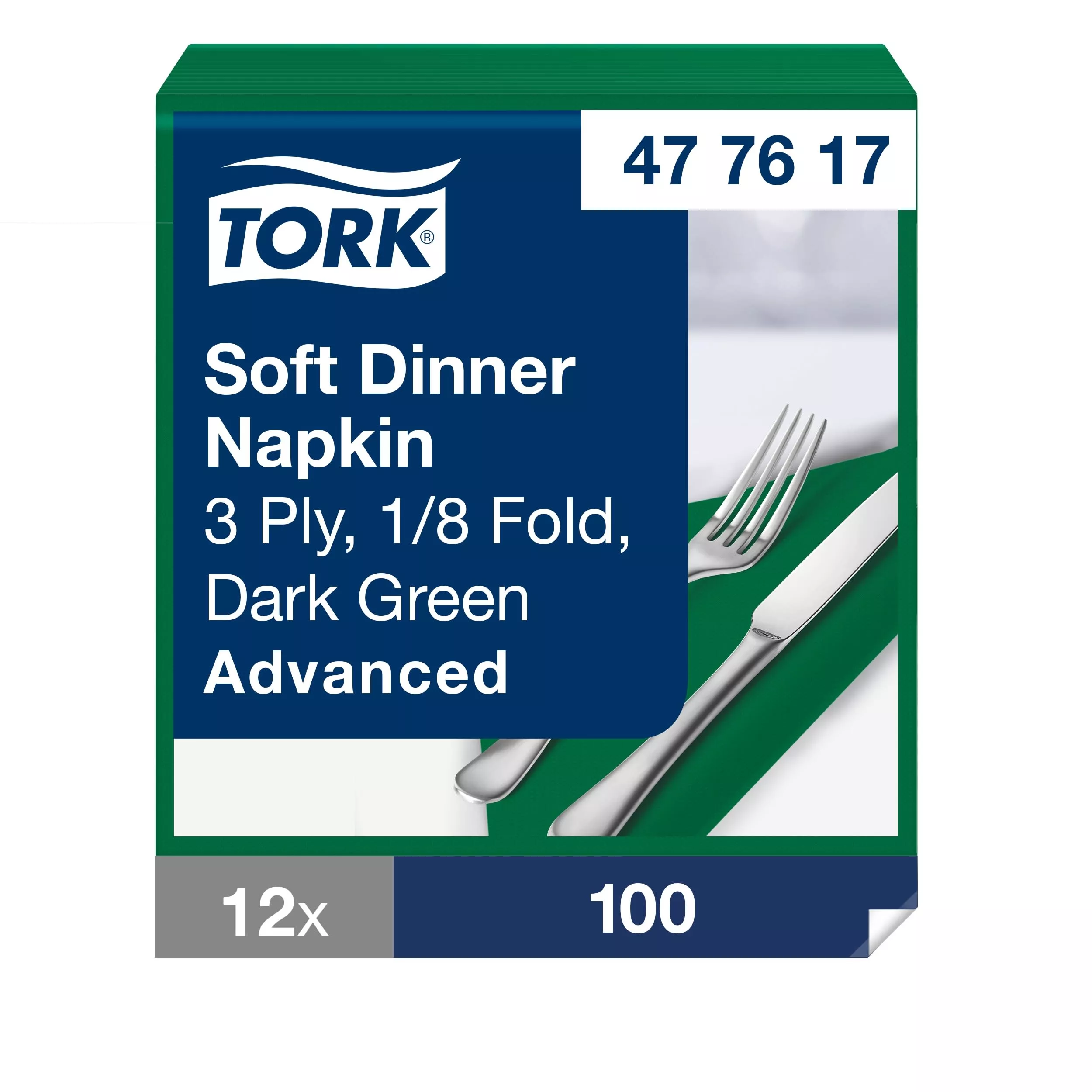 Tork Soft Dinnerservietten Dunkelgrün, 1/8‑Falz, 3‑lagig, 39 cm × 39 cm, 12 × 100 Servietten, 477617