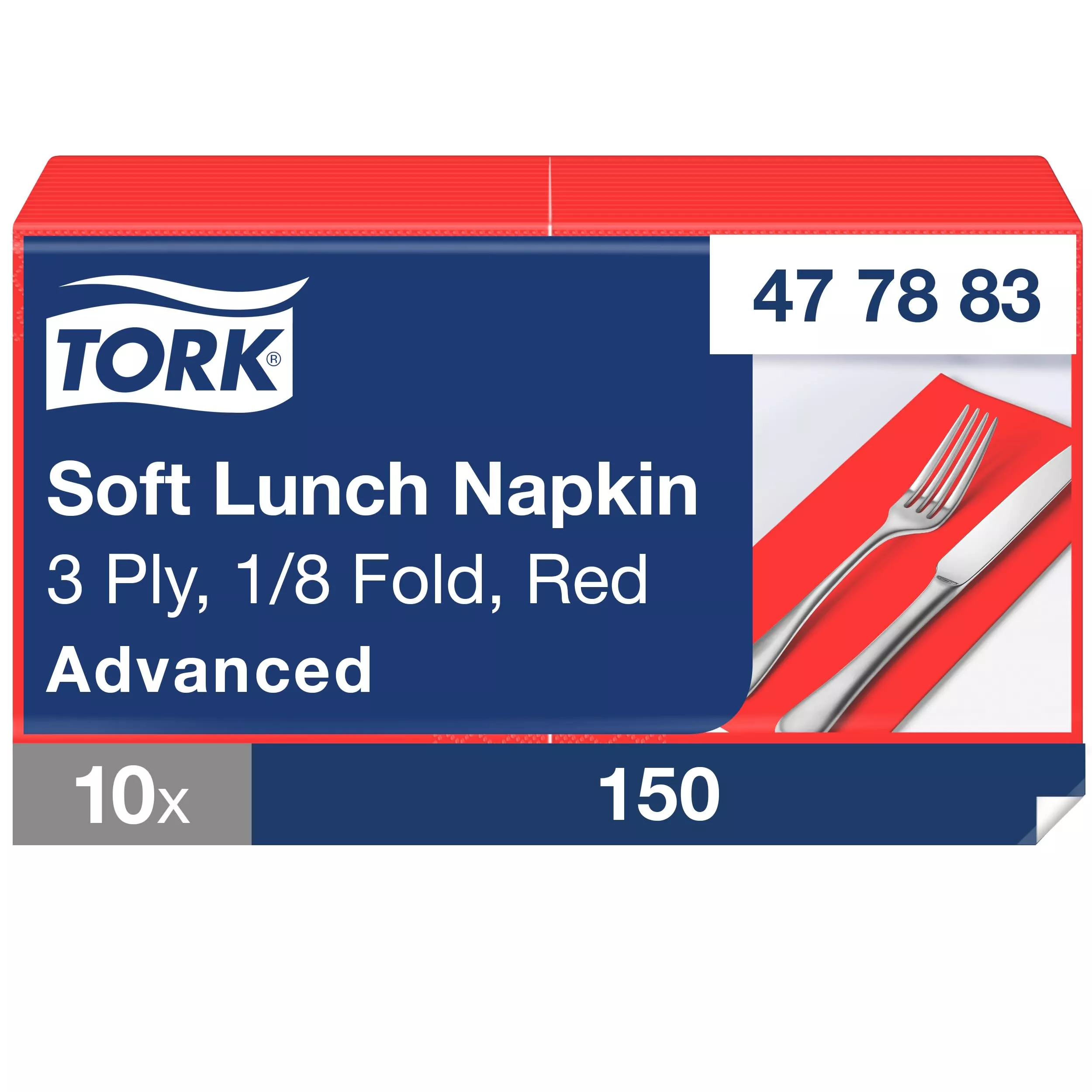 Tork Soft Lunchserviette Rot, 1/8-Falz, 3-lagig, 33 cm × 33 cm, 10 × 150 Servietten, 477883