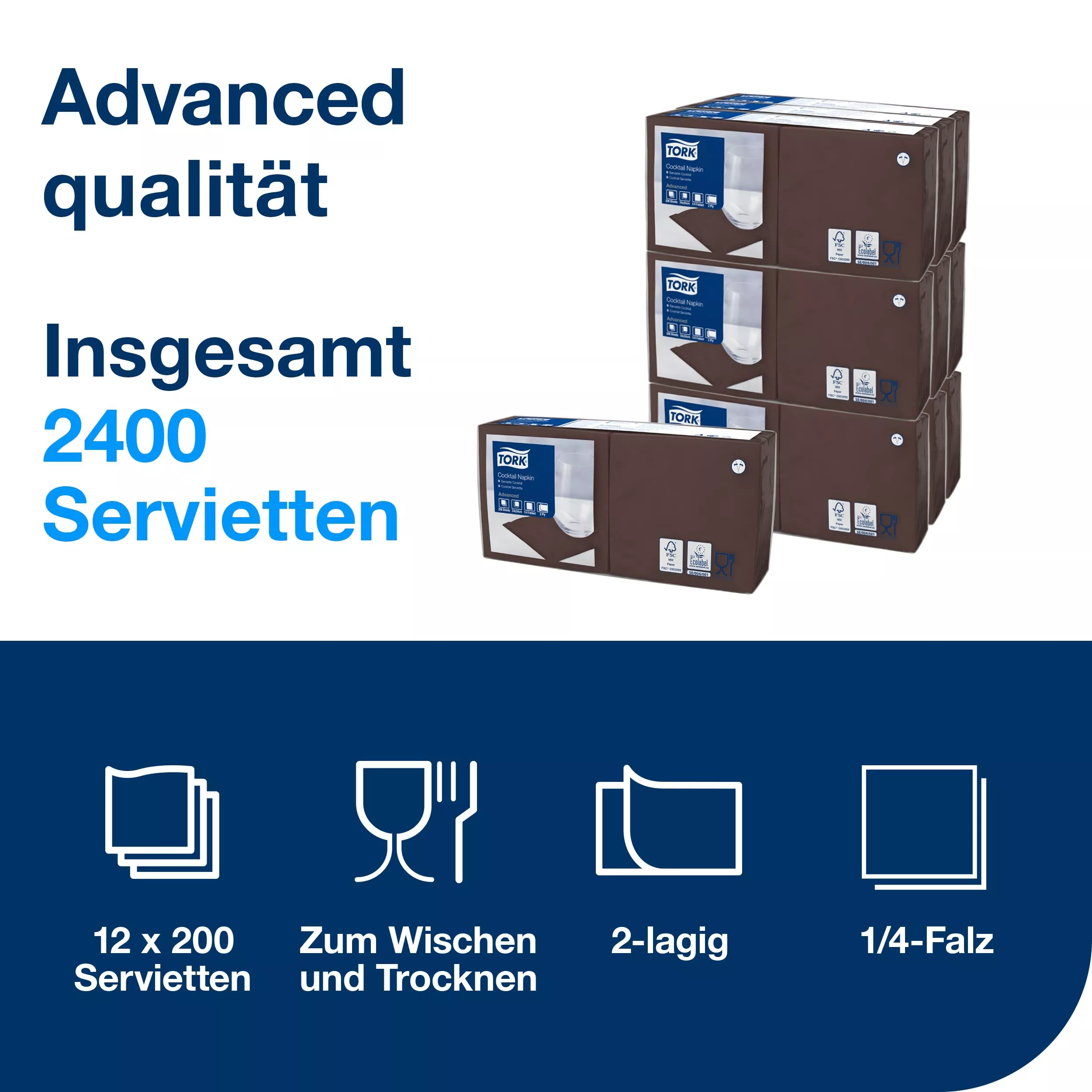 Tork Cocktailservietten Braun, 1/4-Falz, 2-lagig, 24 cm × 24 cm, 12 × 200 Servietten, 477834