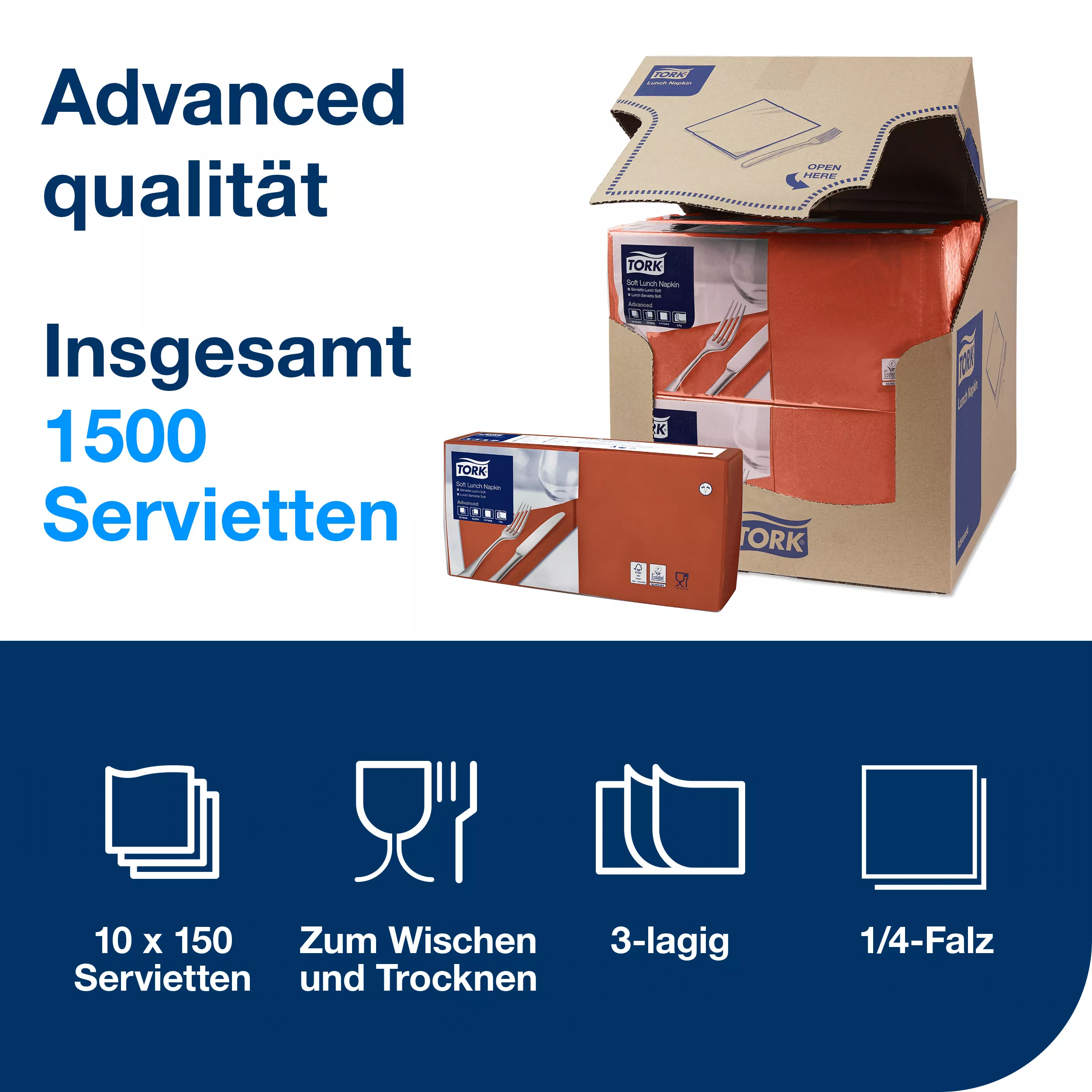 Tork Soft Lunchservietten Terracotta, 1/4-Falz, 3-lagig, 33 cm × 33 cm, 10 × 150 Servietten, 477867