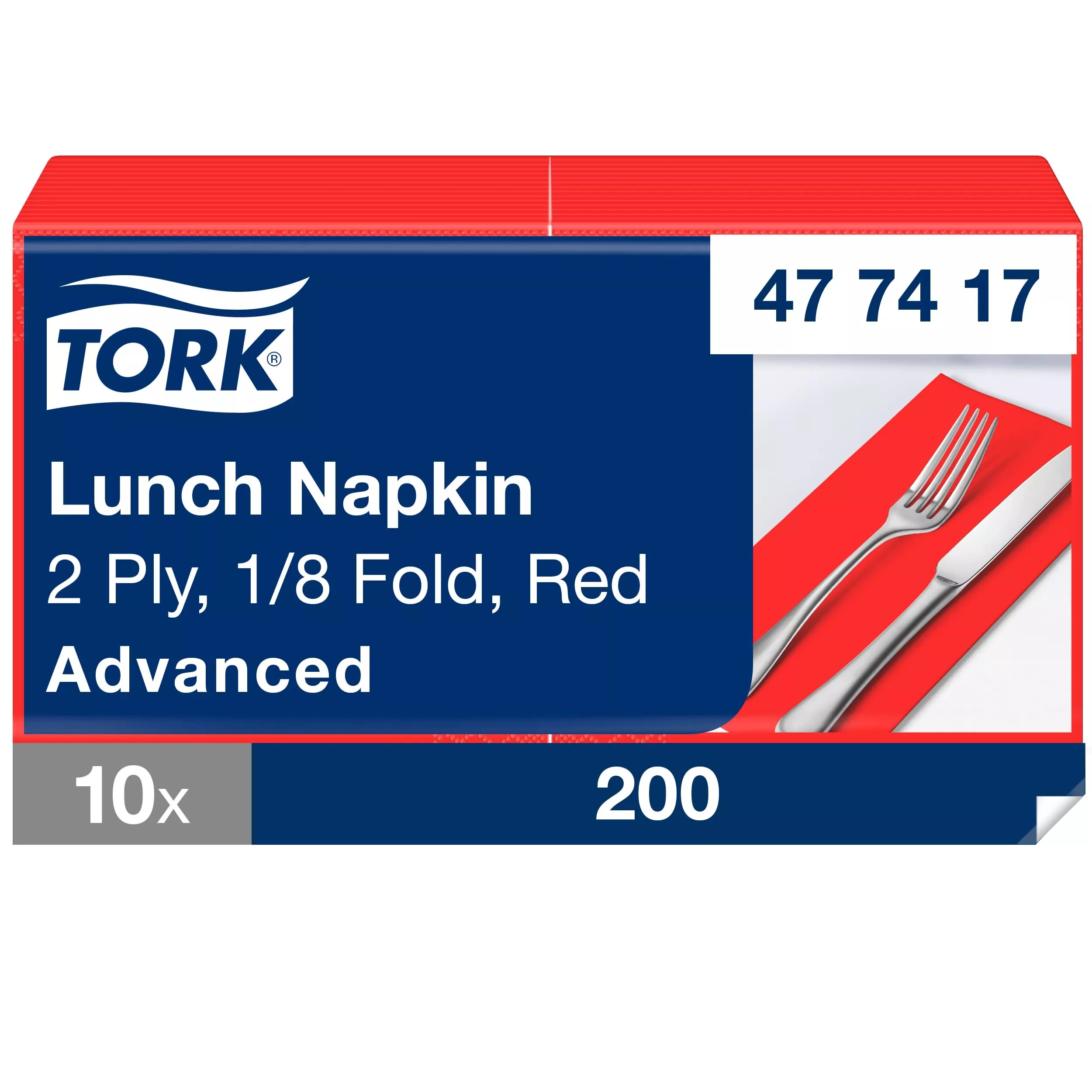 Tork Lunchserviette Rot, 1/8-Falz, 2-lagig, 33 cm × 33 cm, 10 × 200 Servietten, 477417