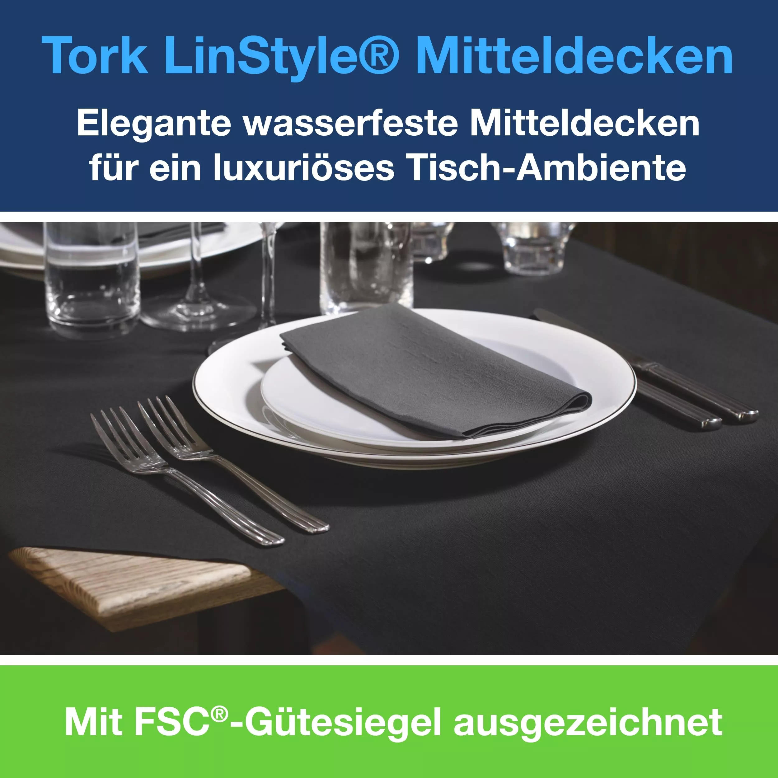 Tork LinStyle® Mitteldecke Schwarz, robust, 1-lagig, 80 cm × 80 cm, 5 × 20 Mitteldecken, 474745
