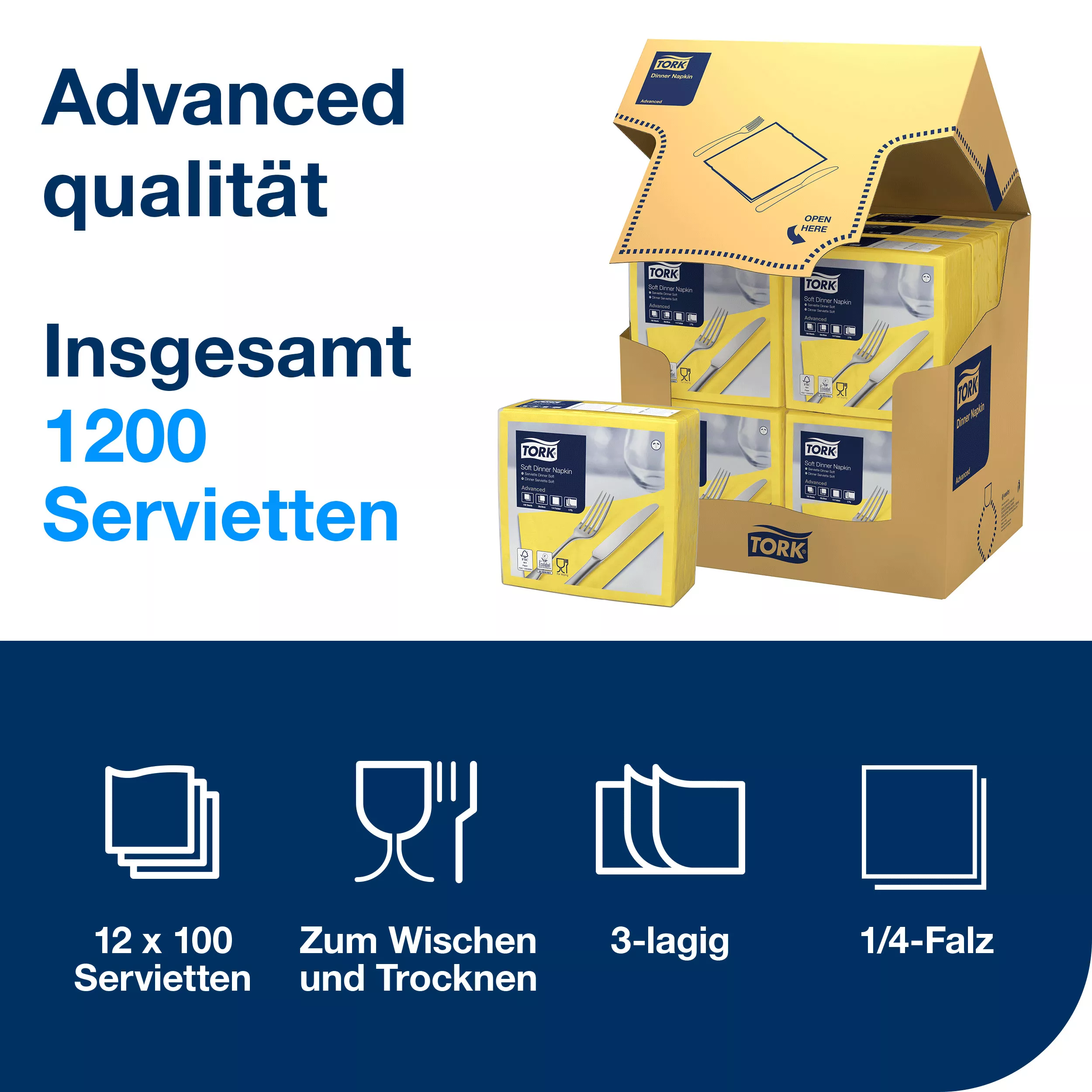 Tork Soft Dinnerservietten Gelb, 1/4‑Falz, 3‑lagig, 40 cm × 39 cm, 12 × 100 Servietten, 477911