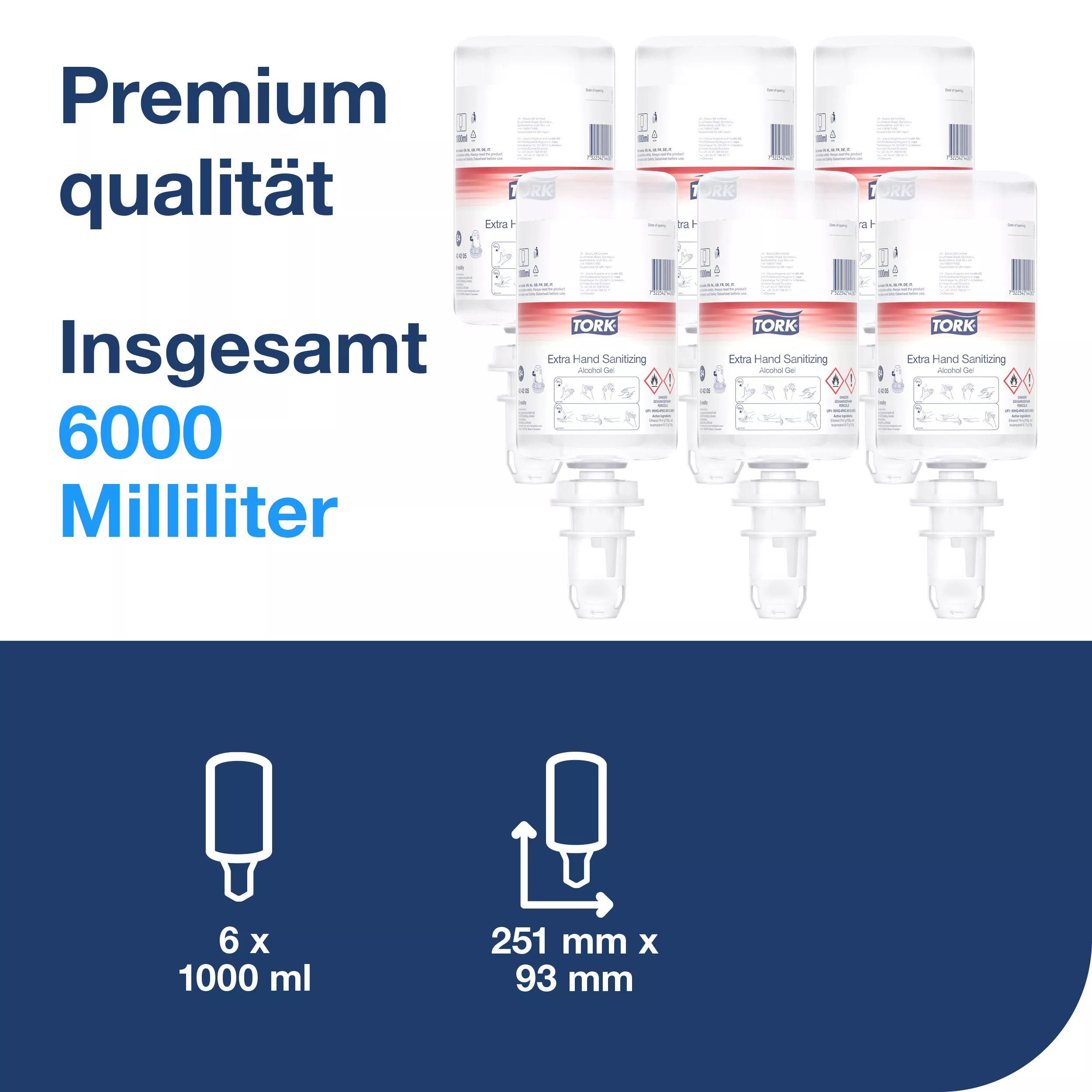 Tork Extra Händedesinfektionsgel S4, Desinfektionsmittel ohne klebrige Rückstände, 6 × 1.000 ml, 424205
