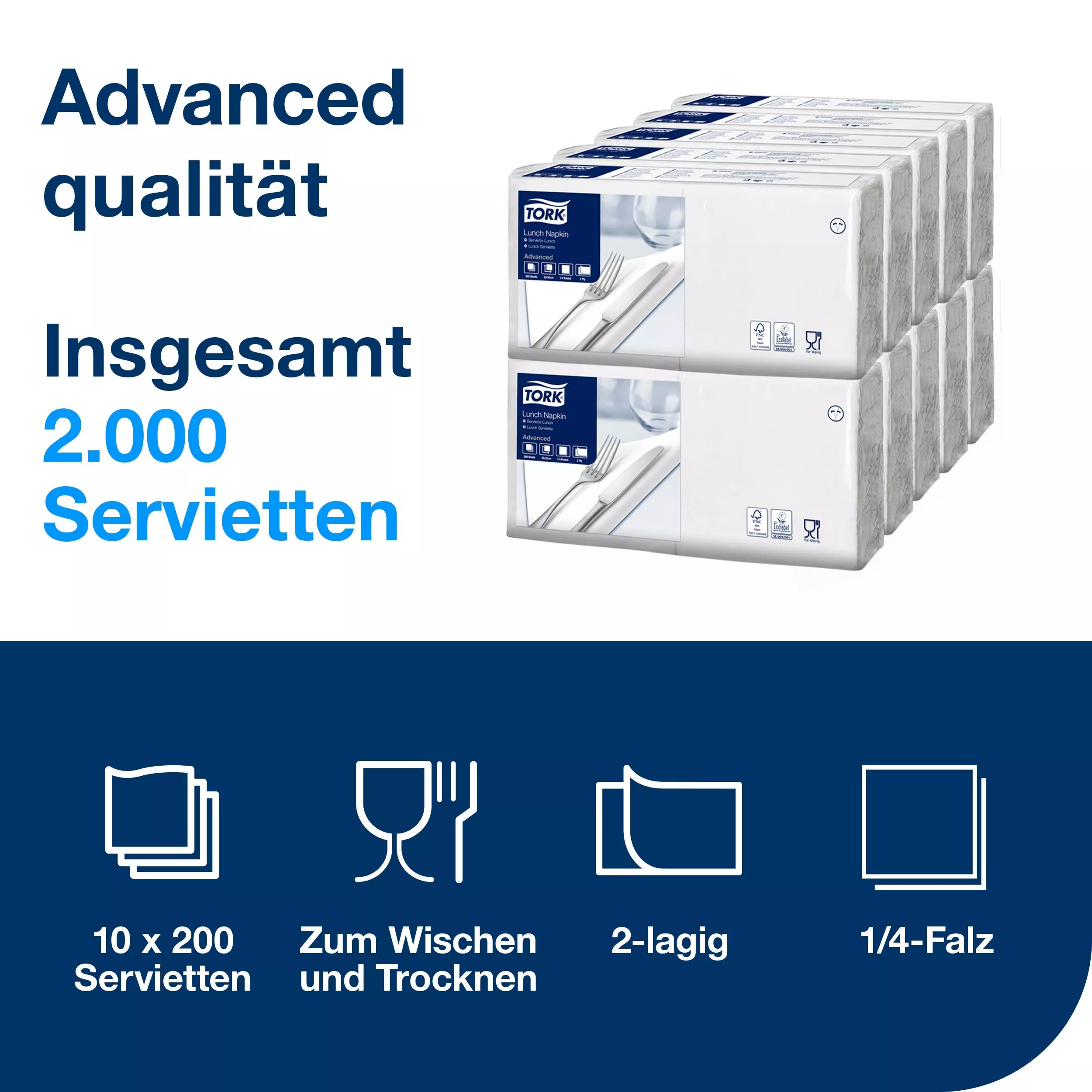 Tork Lunchserviette Weiß, 1/4-Falz, 2-lagig, 33 cm × 33 cm, 10 × 200 Servietten, 477149