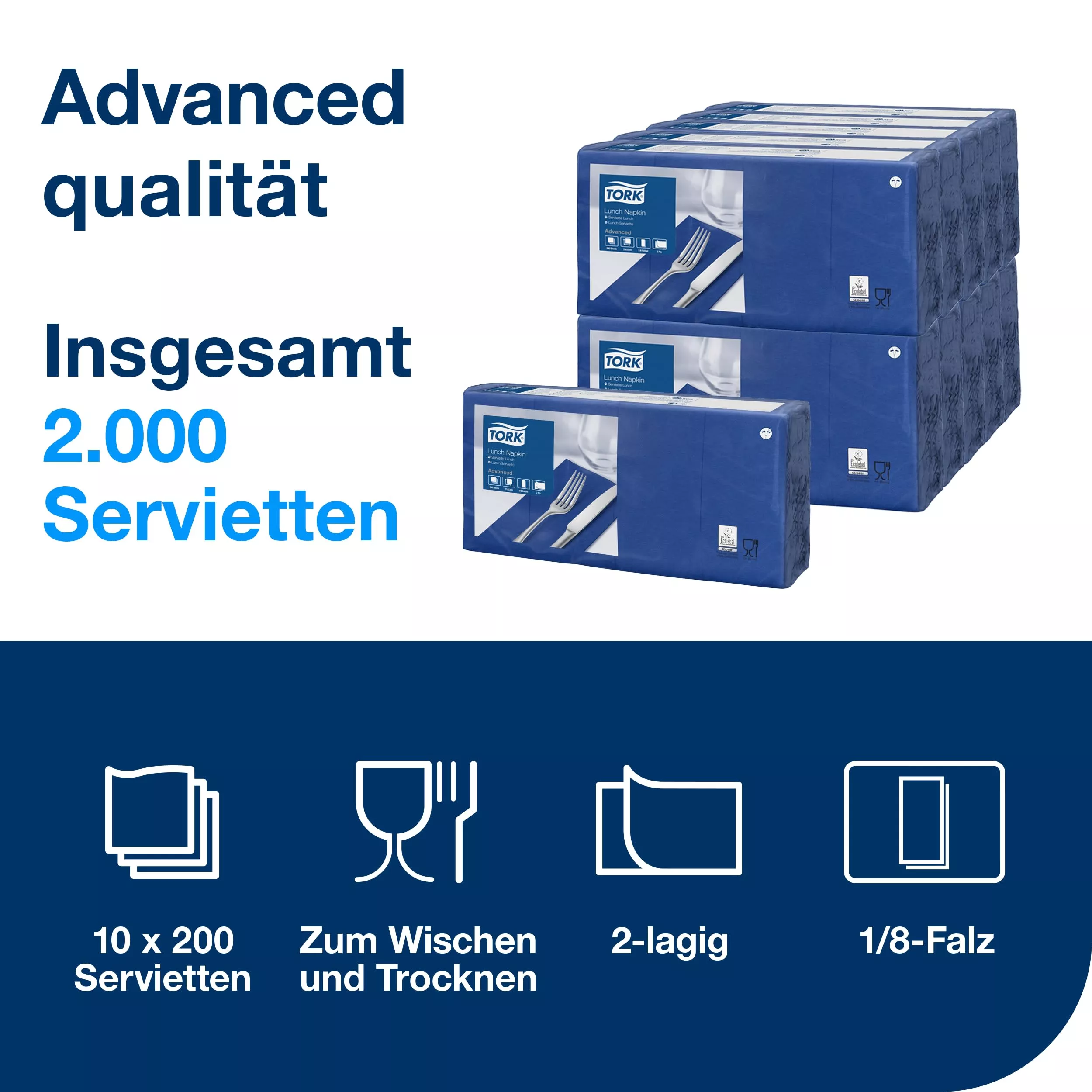 Tork Lunchserviette Dunkelblau, 1/8-Falz, 2-lagig, 33 cm × 33 cm, 10 × 200 Servietten, 477421