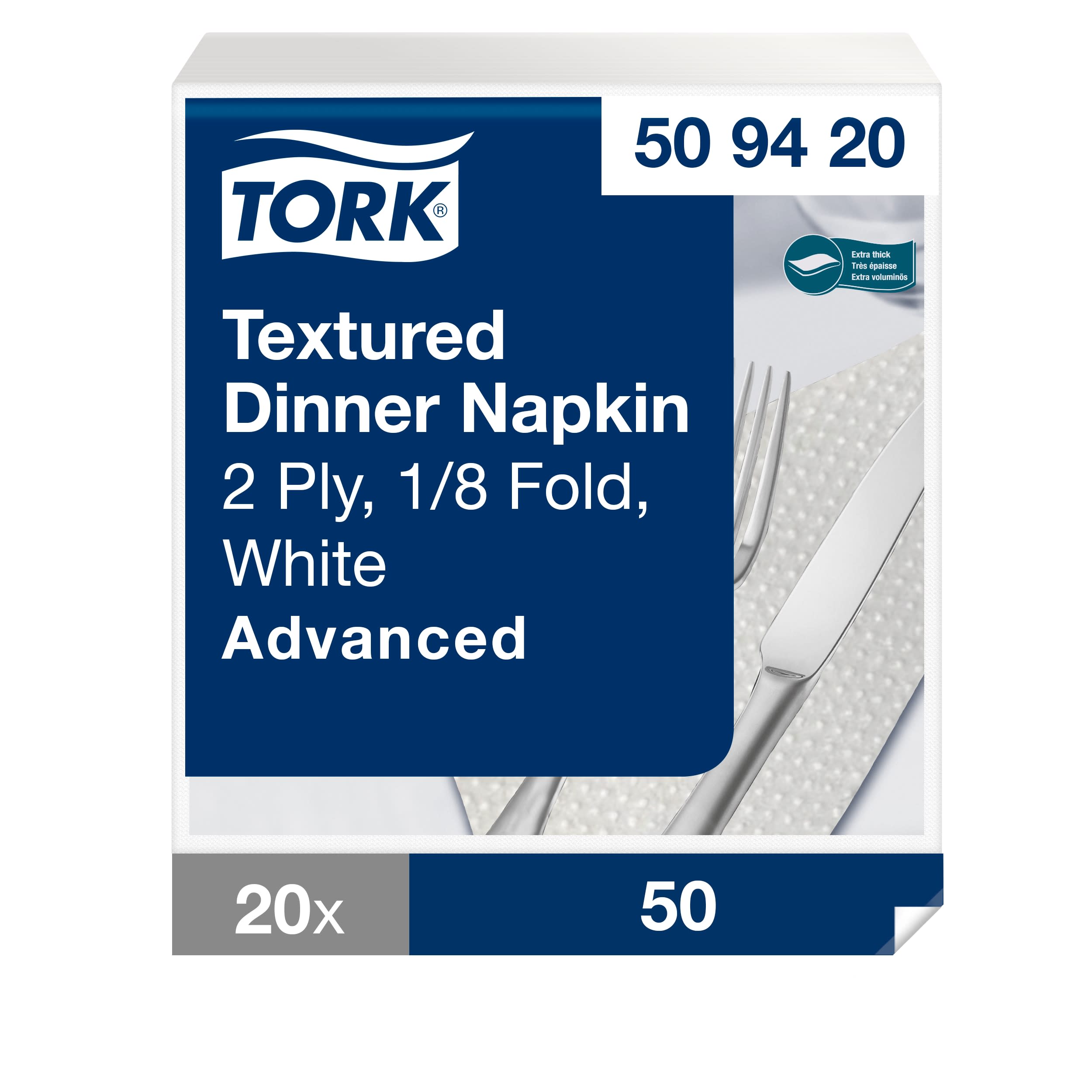 Tork Textured Dinnerserviette Weiß, 1/8-Falz, 2-lagig, 39.5 cm × 39 cm, 20 × 50 Servietten, 509420