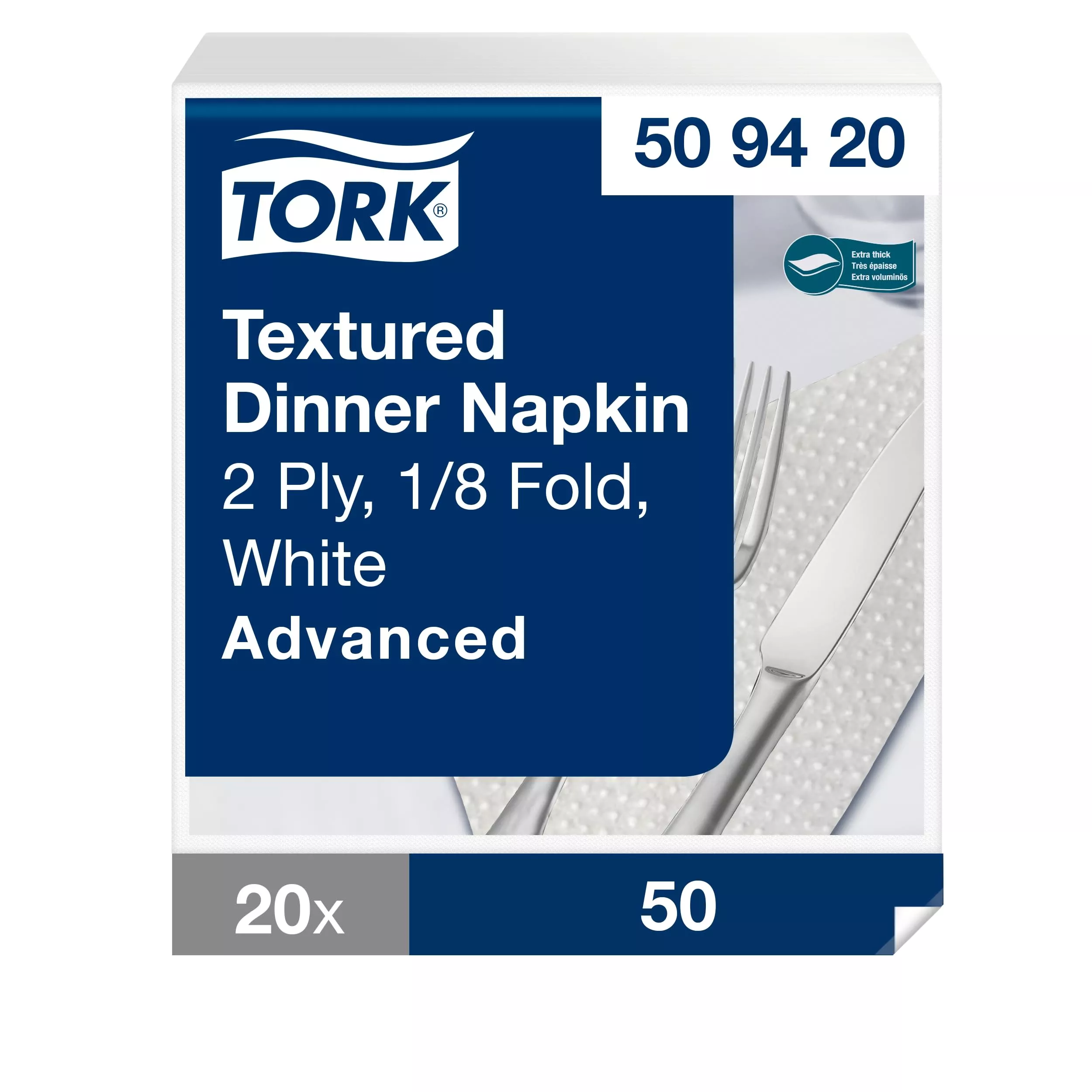 Tork Textured Dinnerserviette Weiß, 1/8-Falz, 2-lagig, 39.5 cm × 39 cm, 20 × 50 Servietten, 509420