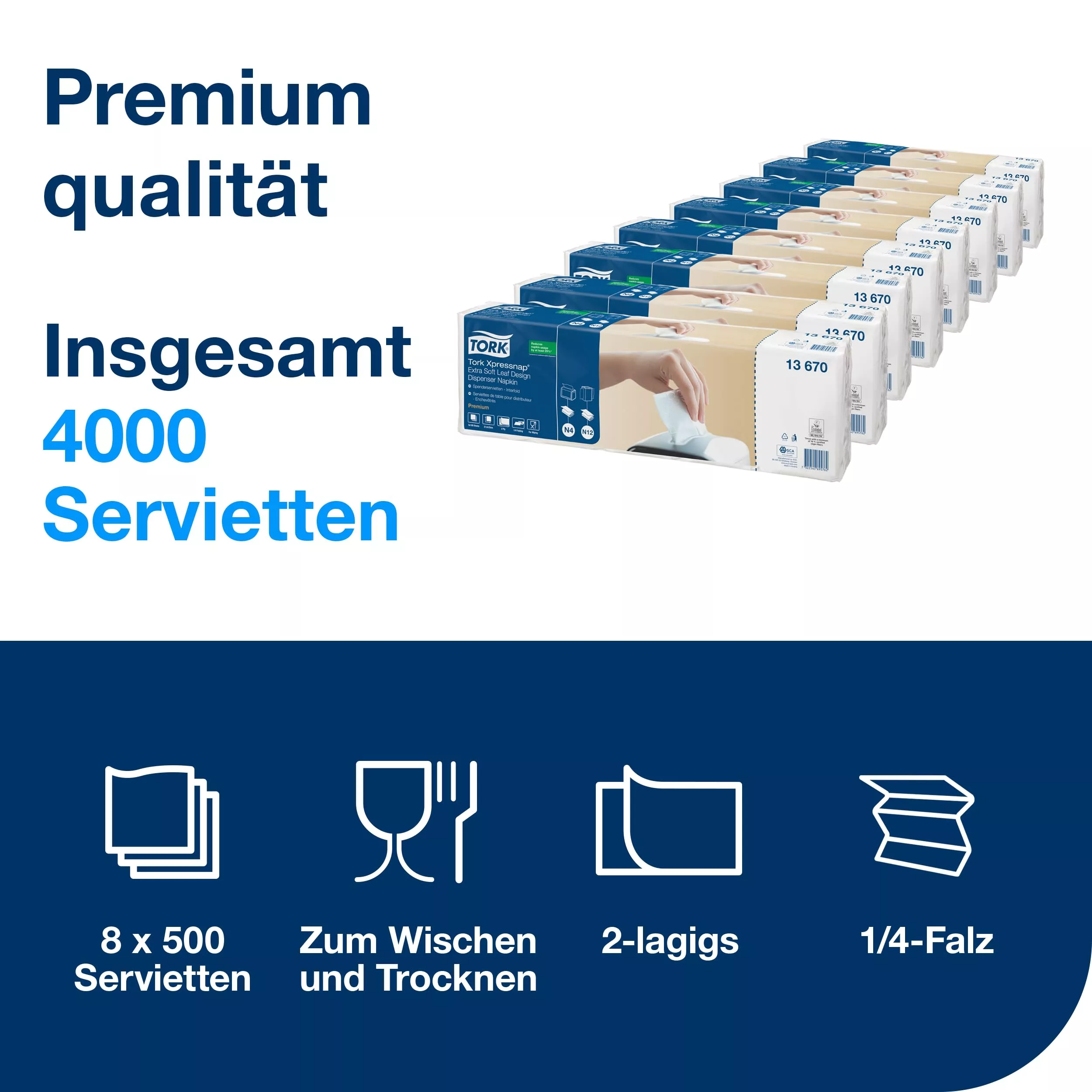 Tork Xpressnap® Extra Soft Blätterdesign Weiße Spenderserviette N4, Premium, 1/4-Falz 2-lagig, 21,3 cm × 33 cm, 8 × 500 Servietten, 13670