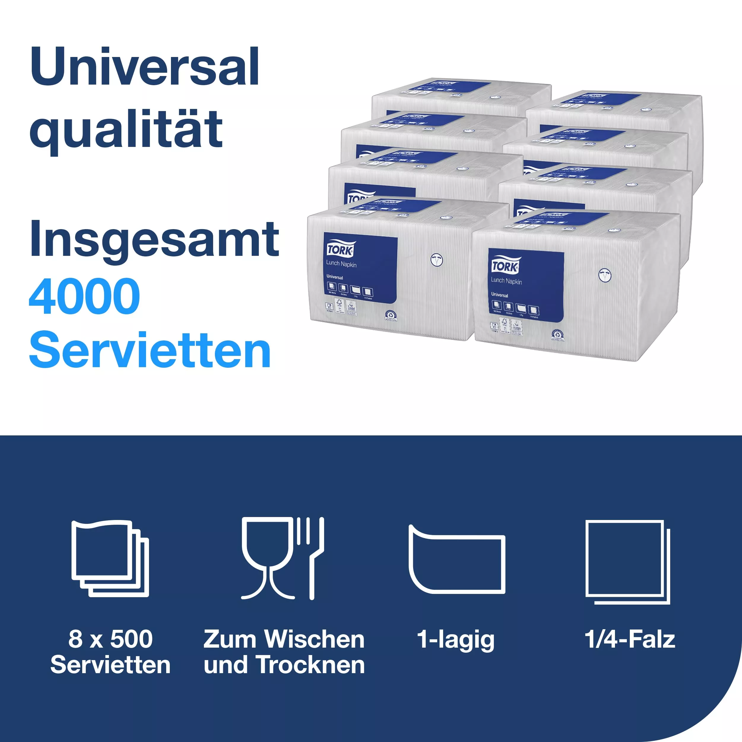 Tork Lunchserviette Weiß, 1/4‑Falz, 1‑lagig, 32 cm × 32 cm, 8 × 500 Servietten, 509300