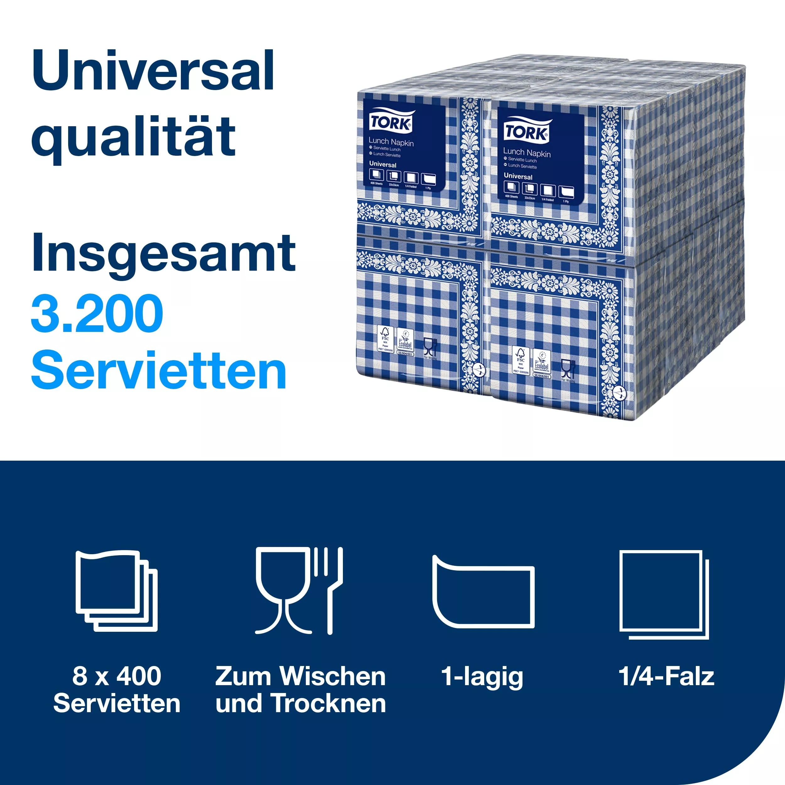 Tork Blaukarierte Lunchserviette, 1/4-Falz, 1-lagig, 33 cm × 33 cm, 8 × 400 Servietten, 509351