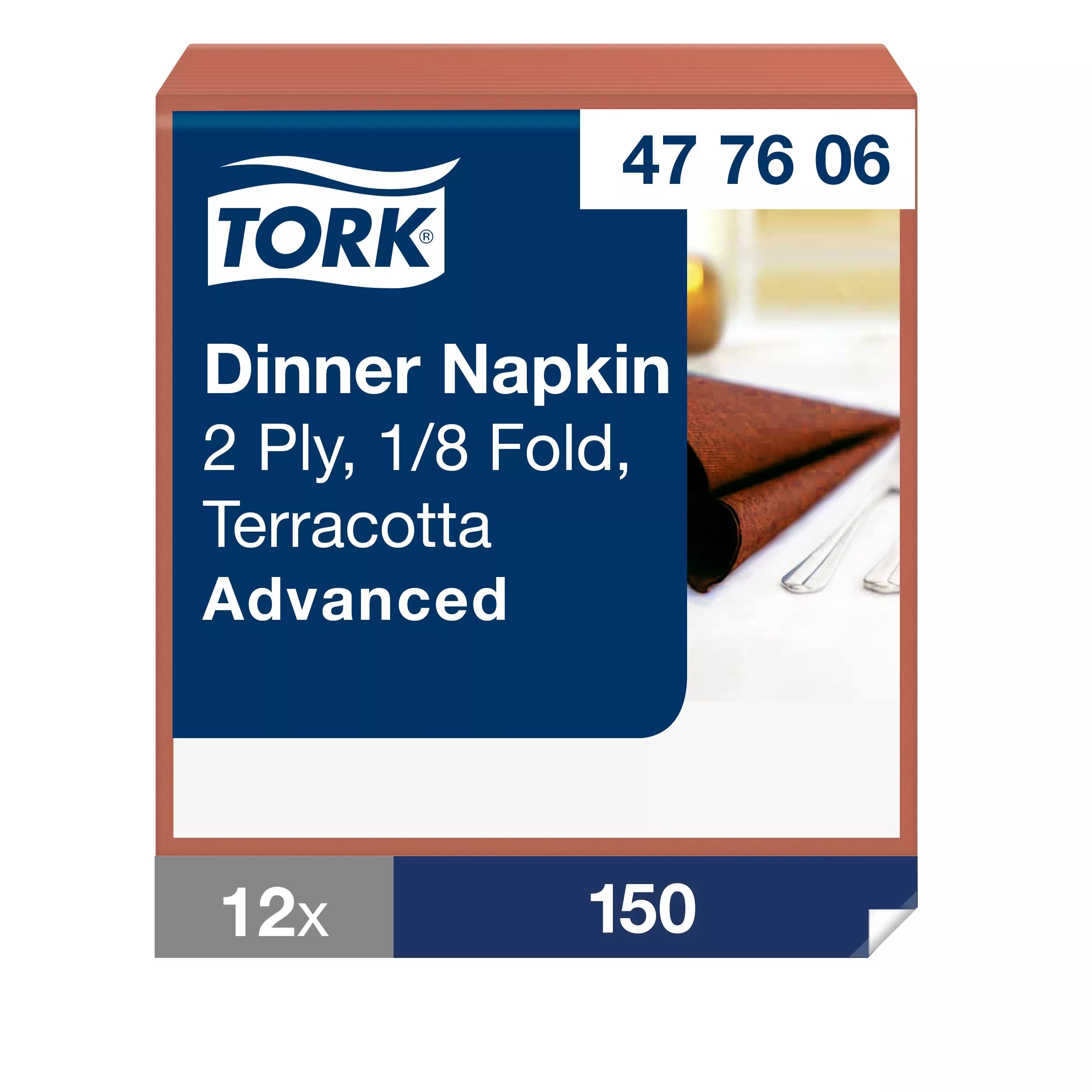 Tork Dinnerservietten Terracotta, 1/8‑Falz, 2‑lagig, 39 cm × 39 cm, 12 × 150 Servietten, 477606