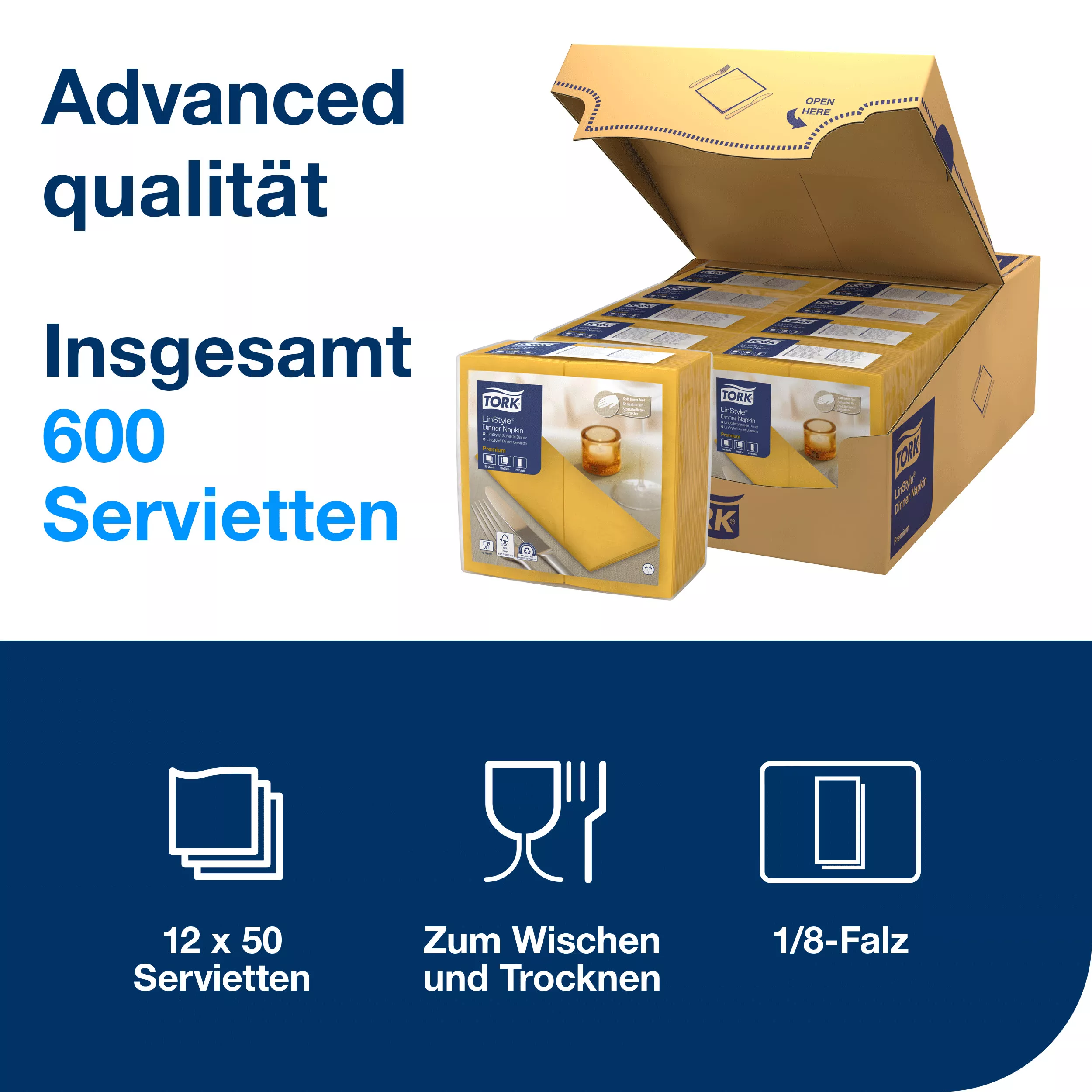 Tork LinStyle® Dinnerservietten Senf, 1/8‑Falz, 40 cm × 39 cm, 12 × 50 Servietten, 478161
