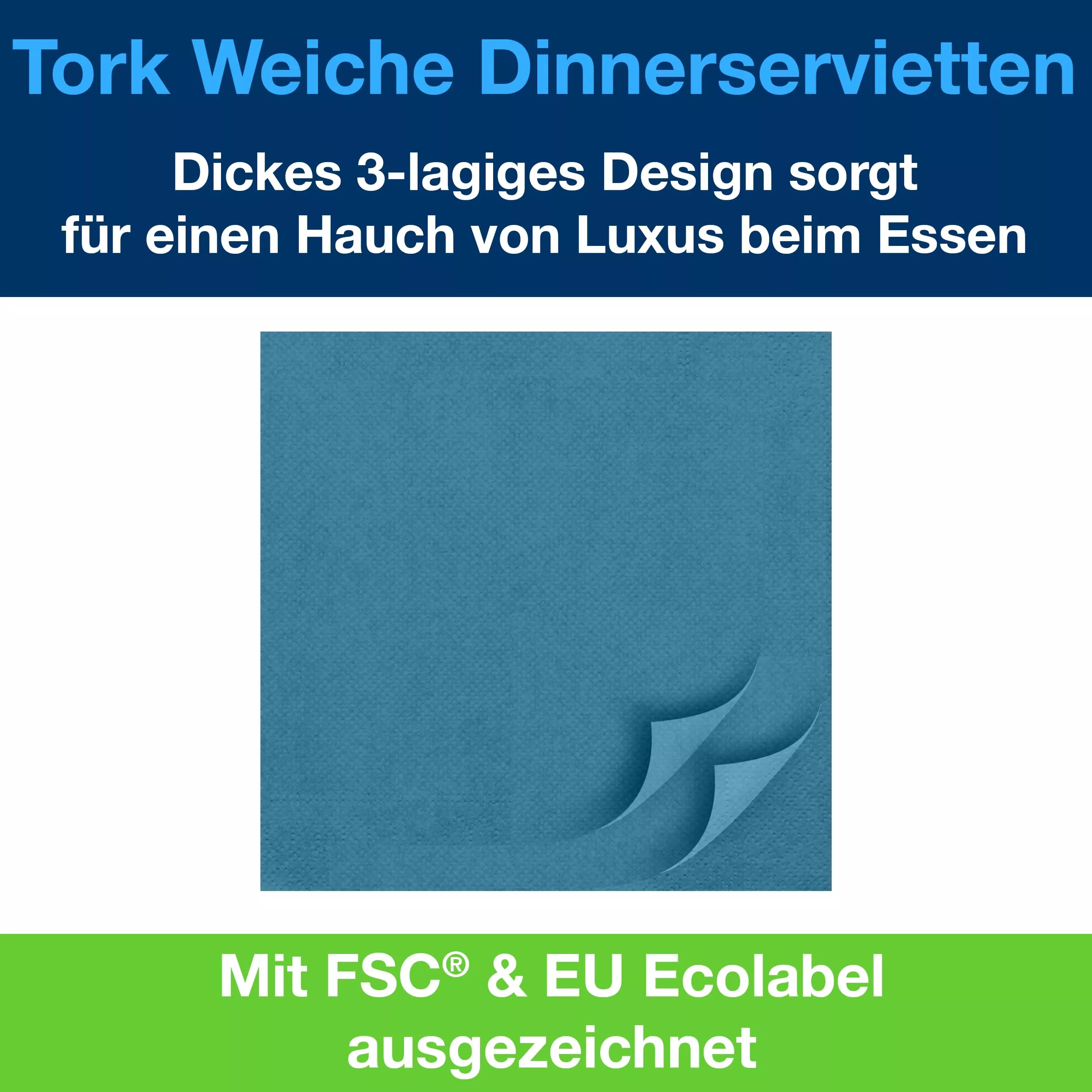 Tork Soft Dinnerservietten Blaugrün, 1/4‑Falz, 3‑lagig, 40 cm × 39 cm, 12 × 100 Servietten, 477914
