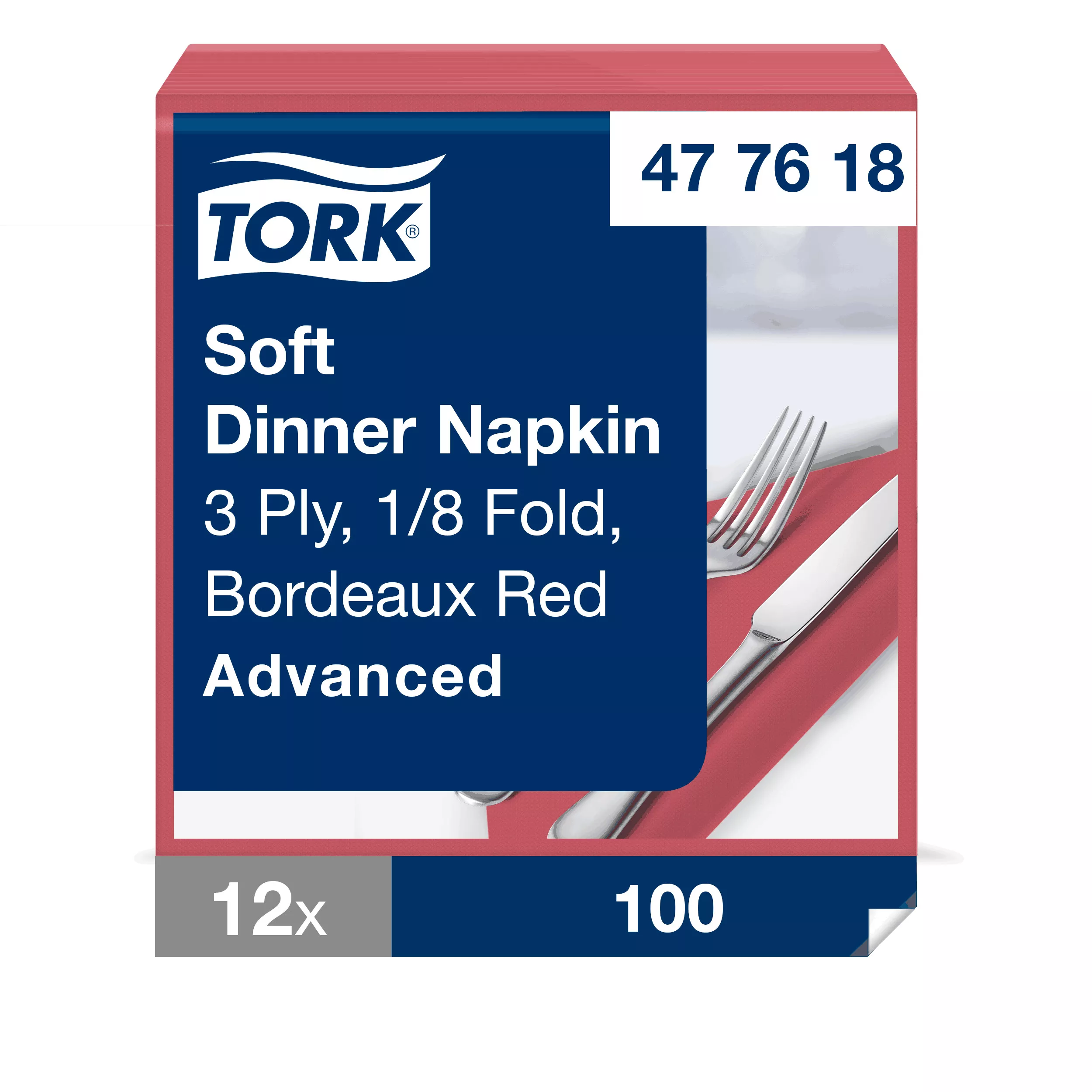 Tork Soft Dinnerservietten Bordeauxrot, 1/8‑Falz, 3‑lagig, 39 cm × 39 cm, 12 × 100 Servietten, 477618