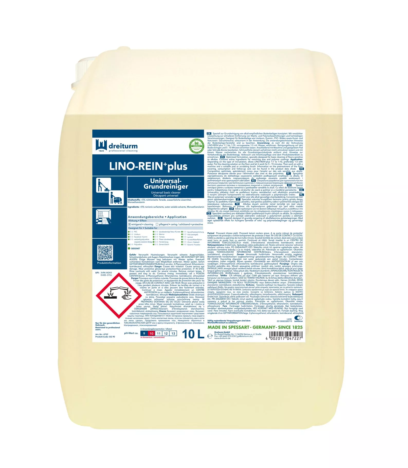 Lino-Rein+Plus, Universal-Grundreiniger, Allzweckreiniger, 10 L, Klarges Produkt