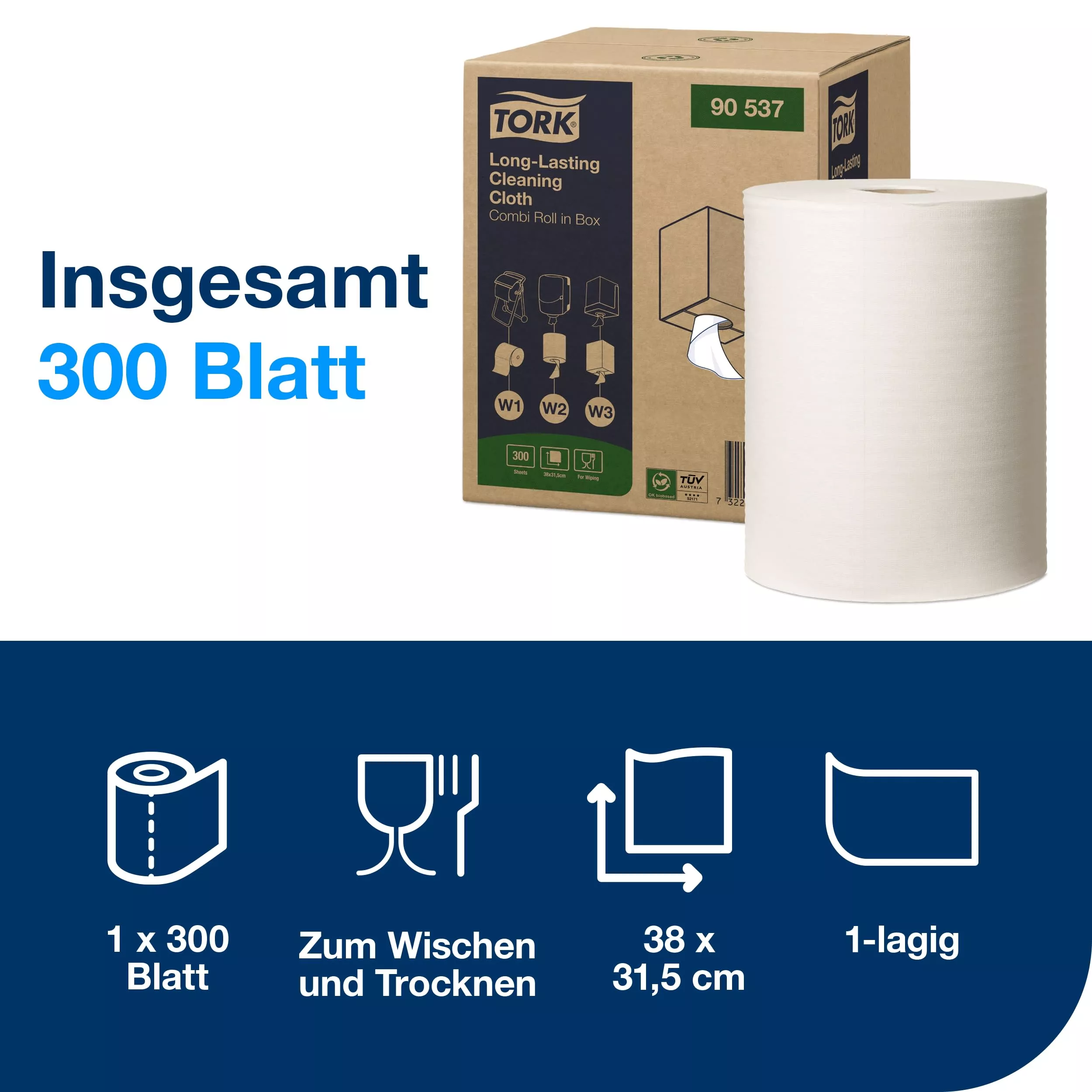 Tork Langlebige Reinigungstücher Weiß W1/2/3, Kombirolle, 1 × 300 Tücher, 90537