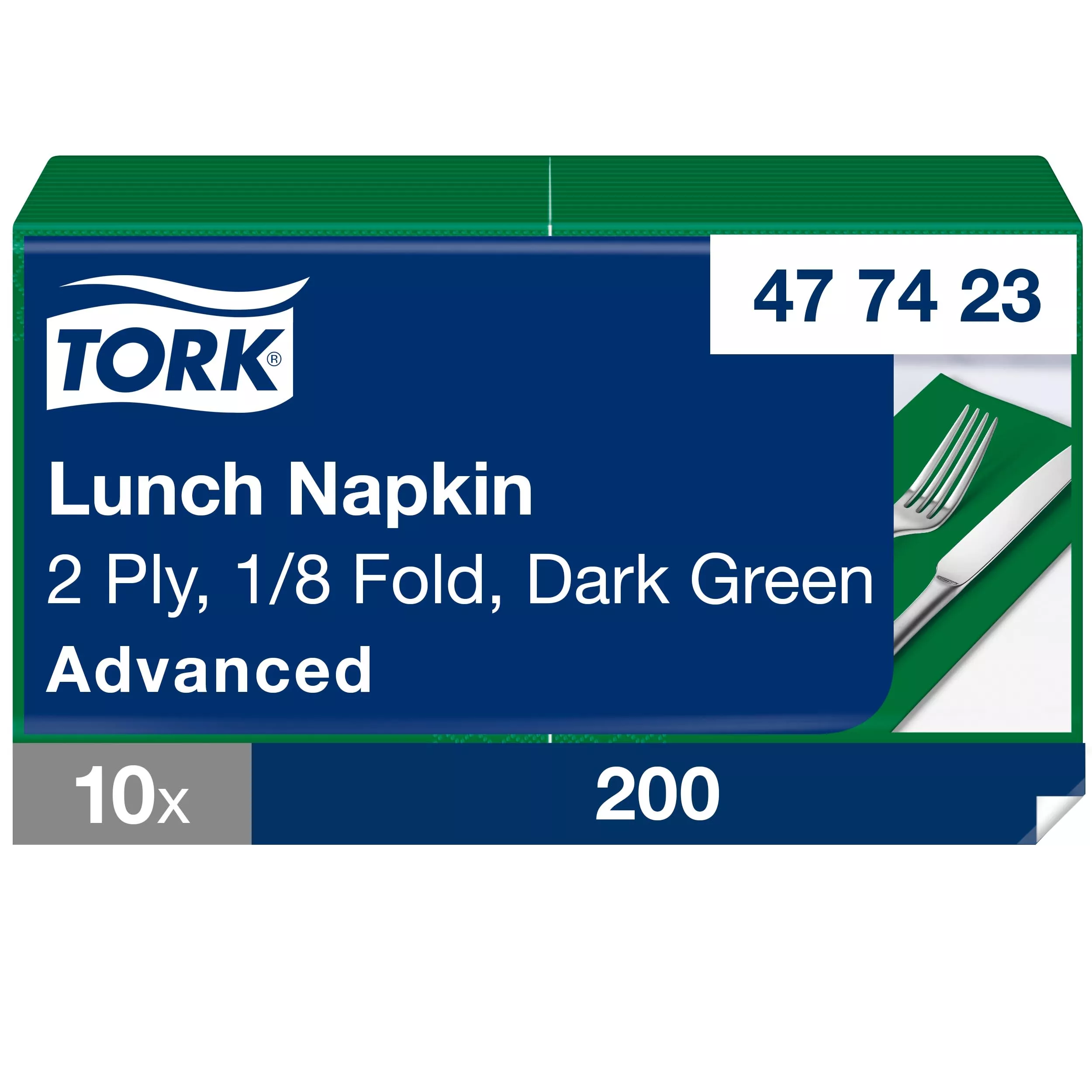 Tork Lunchserviette Dunkelgrün, 1/8-Falz, 2-lagig, 33 cm × 33 cm, 10 × 200 Servietten, 477423