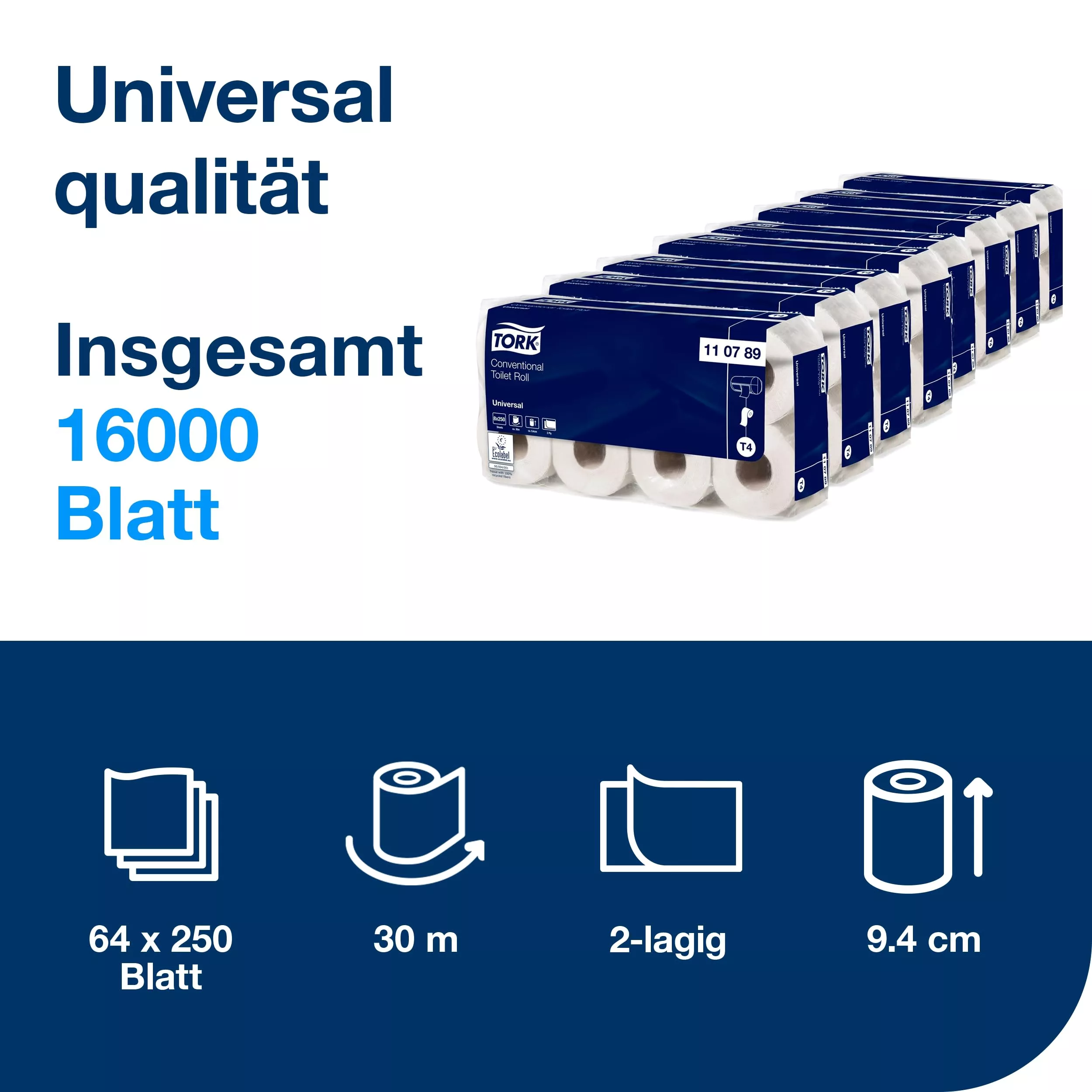 Tork Kleinrollen Toilettenpapier Weiß T4, Universal, 2-lagig, 64 × 250 Blatt, 110789