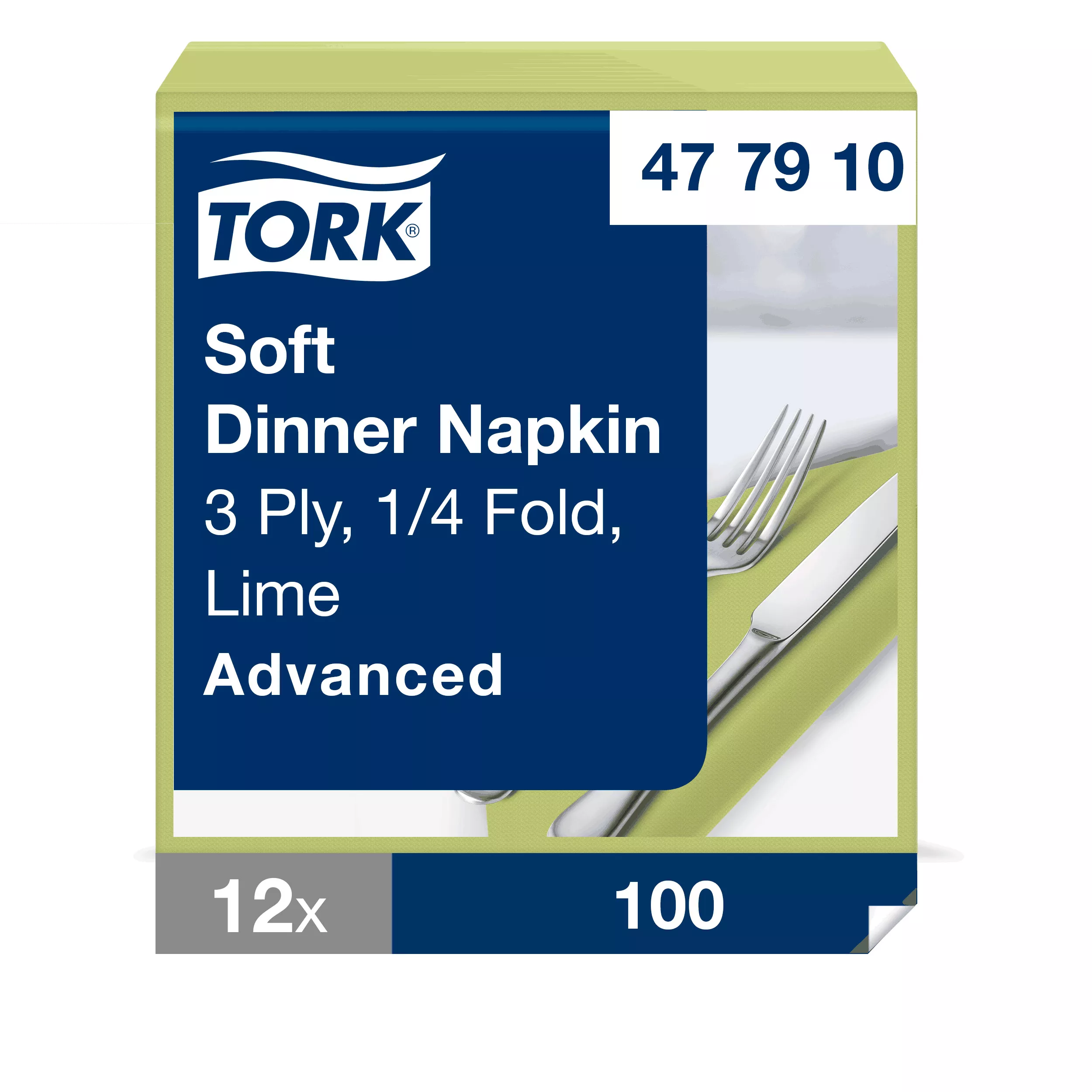 Tork Soft Dinnerservietten Limone, 1/4‑Falz, 3‑lagig, 40 cm × 39 cm, 12 × 100 Servietten, 477910