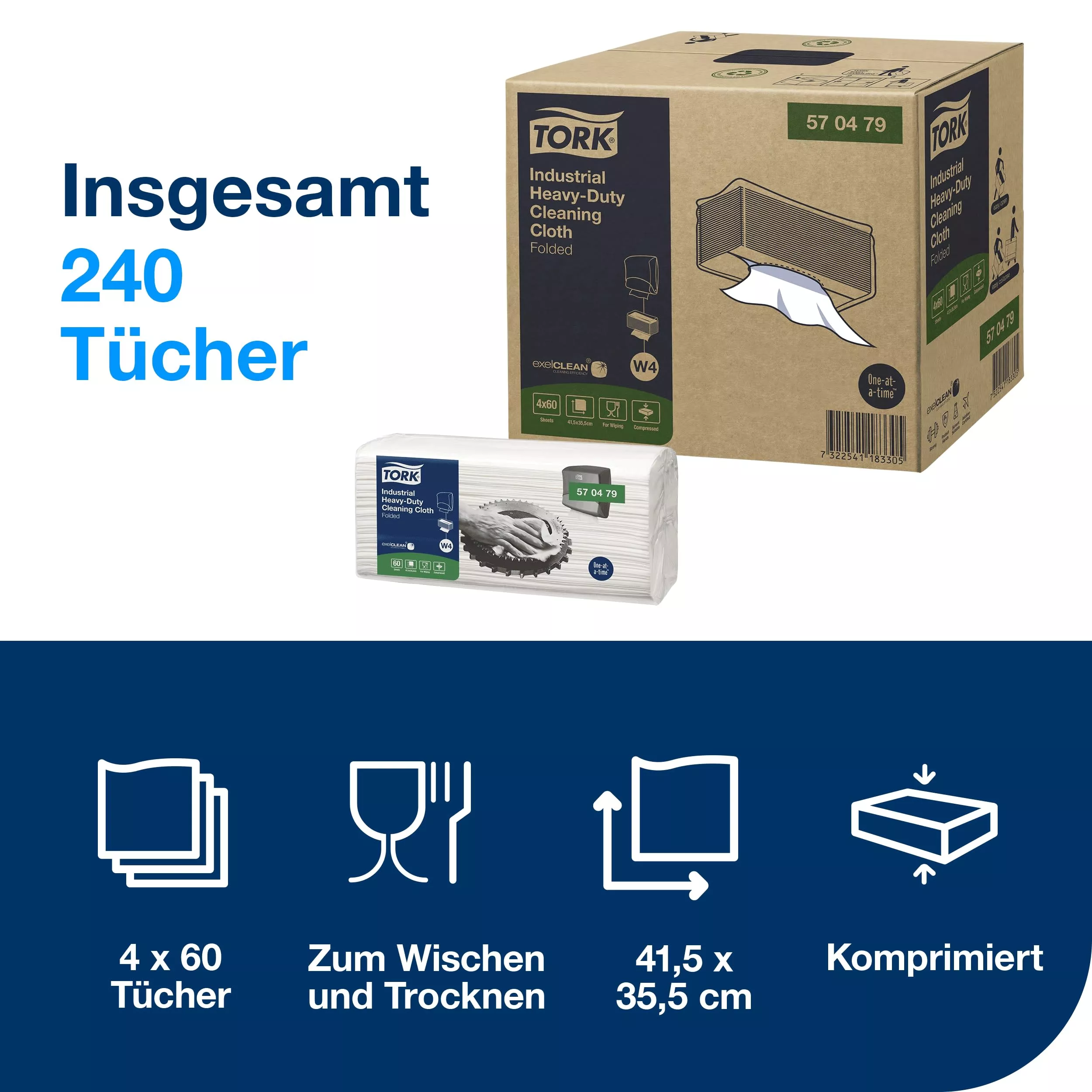 Tork Extra Starke Industrie Reinigungstücher Weiß W4, Mehrzweck, 4 × 60 Tücher, 570479